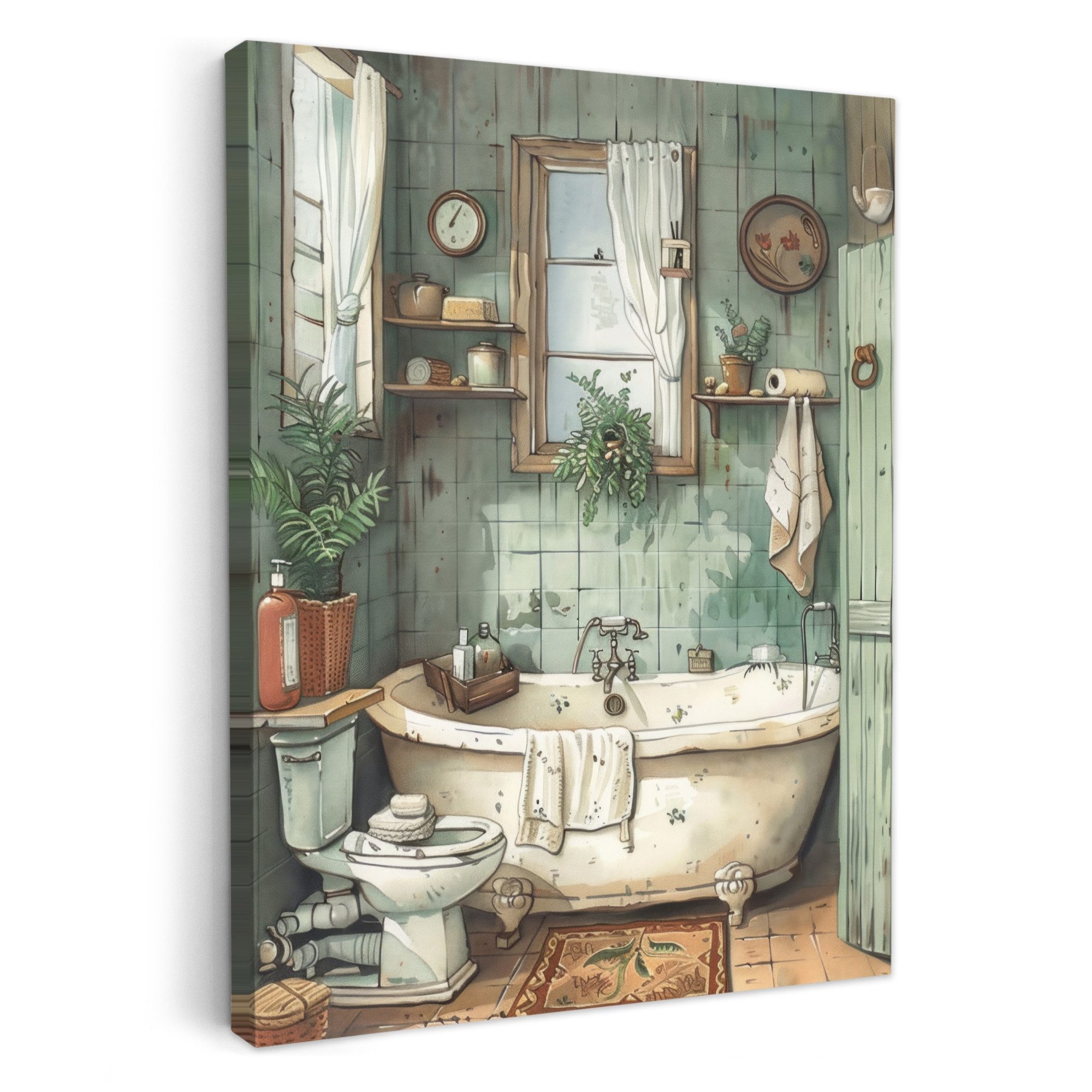 OneMillionCanvasses® Leinwandbild Vintage - Badewanne - Badezimmer - Illustration, Fotodruck (1 St), Badezimmer Deko, Bilder Bad, Gäste WC Wanddeko 30x40 cm
