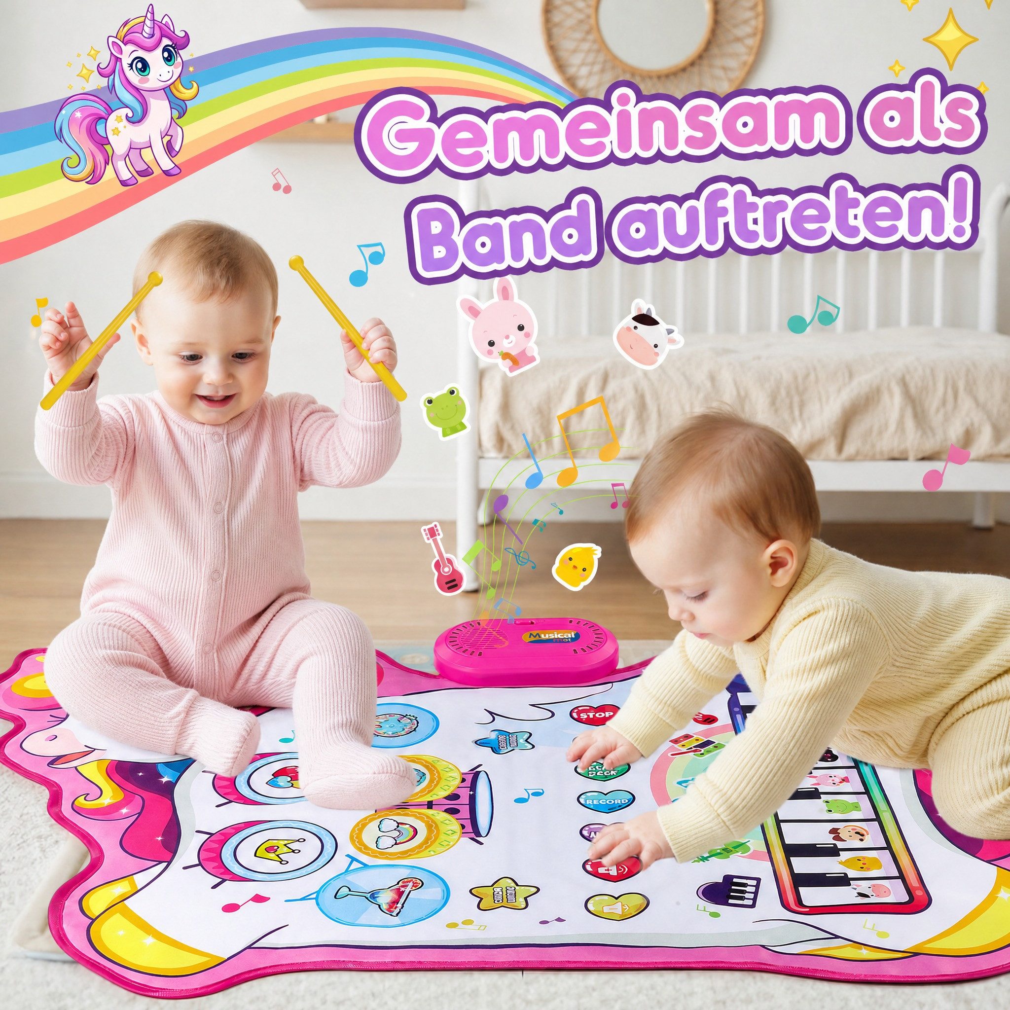 Wootoy Spielmatte Musikspielmatte Lernspielzeug Elektronische Klaviermatte Hüpfmatte (68 × 96 cm faltbar und leicht zu transportieren, 1-St., Schlagzeugseite mit 3 Soundmodi 8 Demo-Rhythmen 5 Drumklängen), mit Klavier Schlagzeug Tiergeräuschen 2 Drumsticks