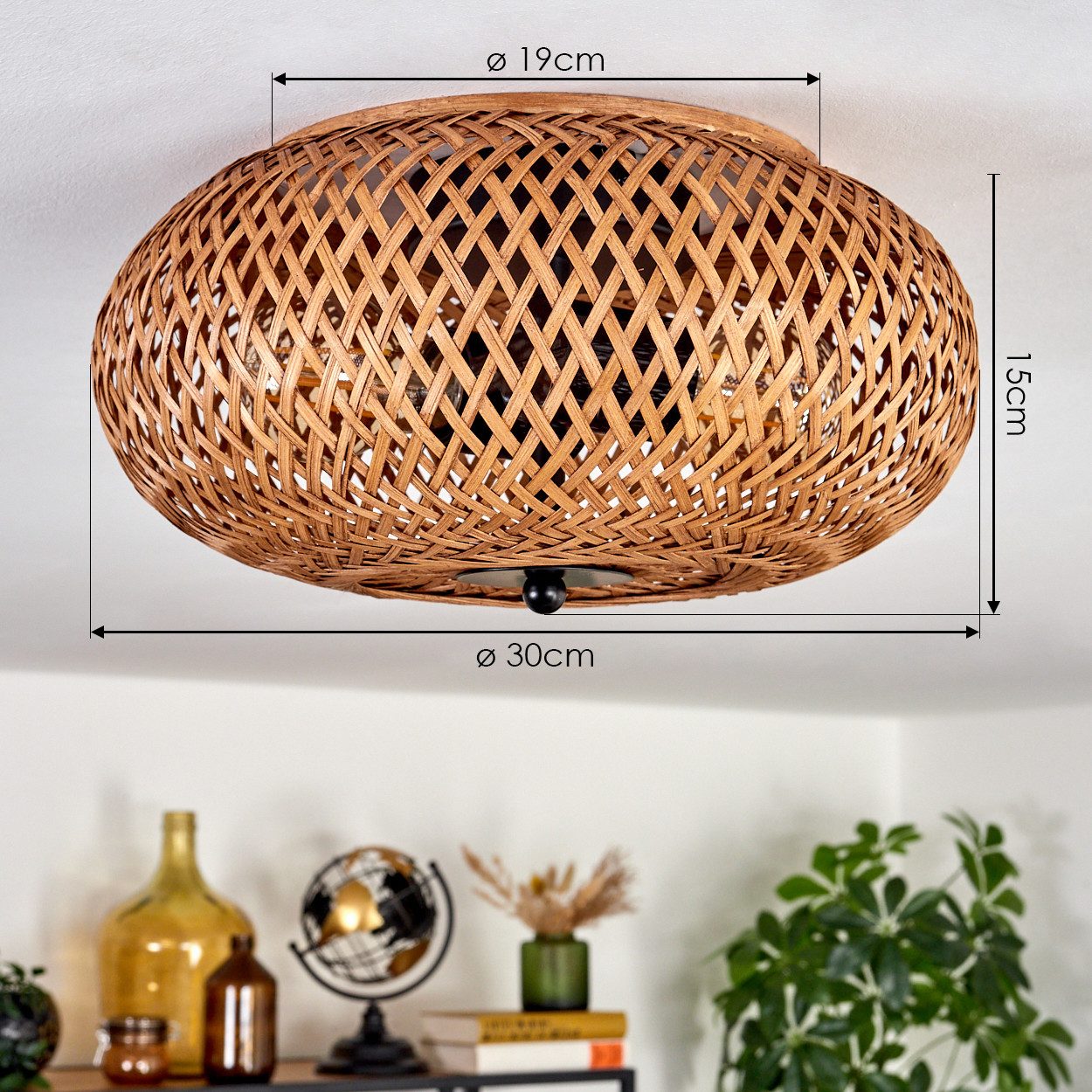 hofstein Deckenleuchte moderne Deckenlampe aus Metall/Bambus/Holz in Schwarz/Natur, ohne Leuchtmittel, Boho-Design Deckenleuchte,Lichteffekt, Ø30cm, 2xE27, ohne – Bild 4 von 5