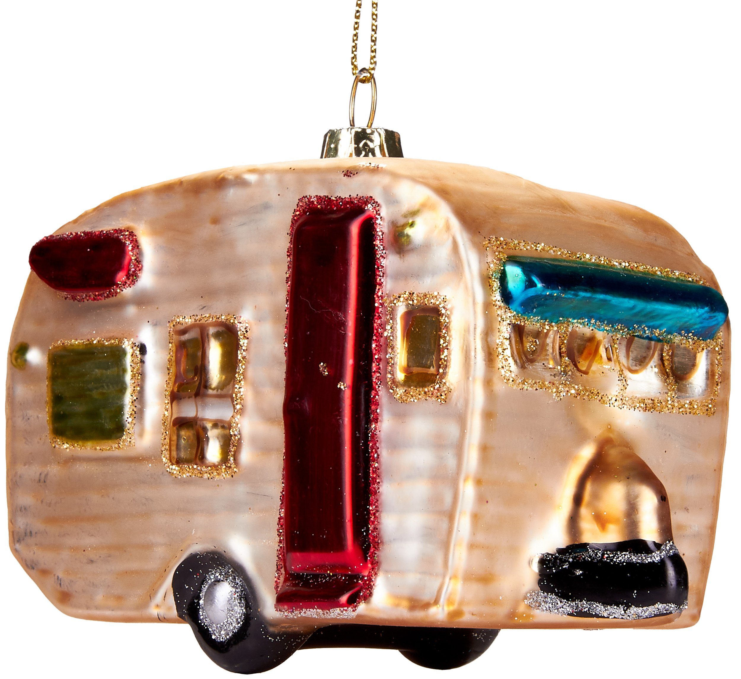 BRUBAKER Christbaumschmuck Mundgeblasene Weihnachtskugel Retro Wohnwagen, schöne Weihnachtsdeko aus Glas, handbemalt - 11 cm