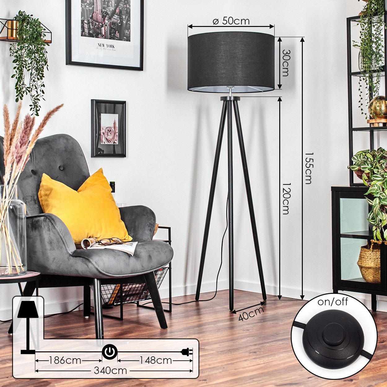 hofstein Stehlampe Stehlampe aus Holz/Stoff in Naturfarben/Schwarz/Weiß, ohne Leuchtmittel, skandinavische Design Leuchte, Schirm (50 cm) u. Fußschalter, 1xE27