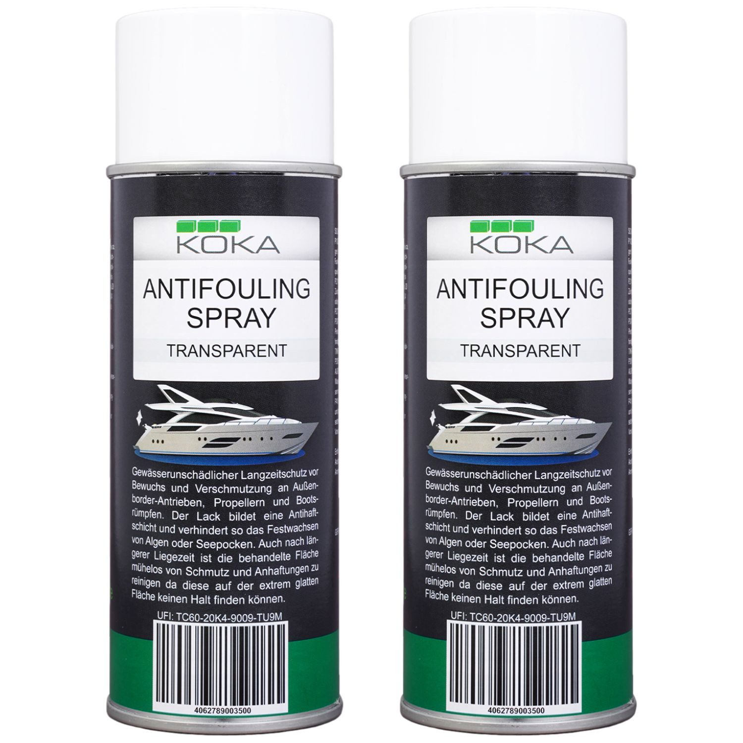 KOKA 2x Antifouling Spray Transparent Bewuchs-Schutz Lackschutz (Dosen, 2 St., 2x 400ml Dose), Langzeitschutz Antihaft-Schicht für Bootsrumpf Rumpf Antrieb Propeller