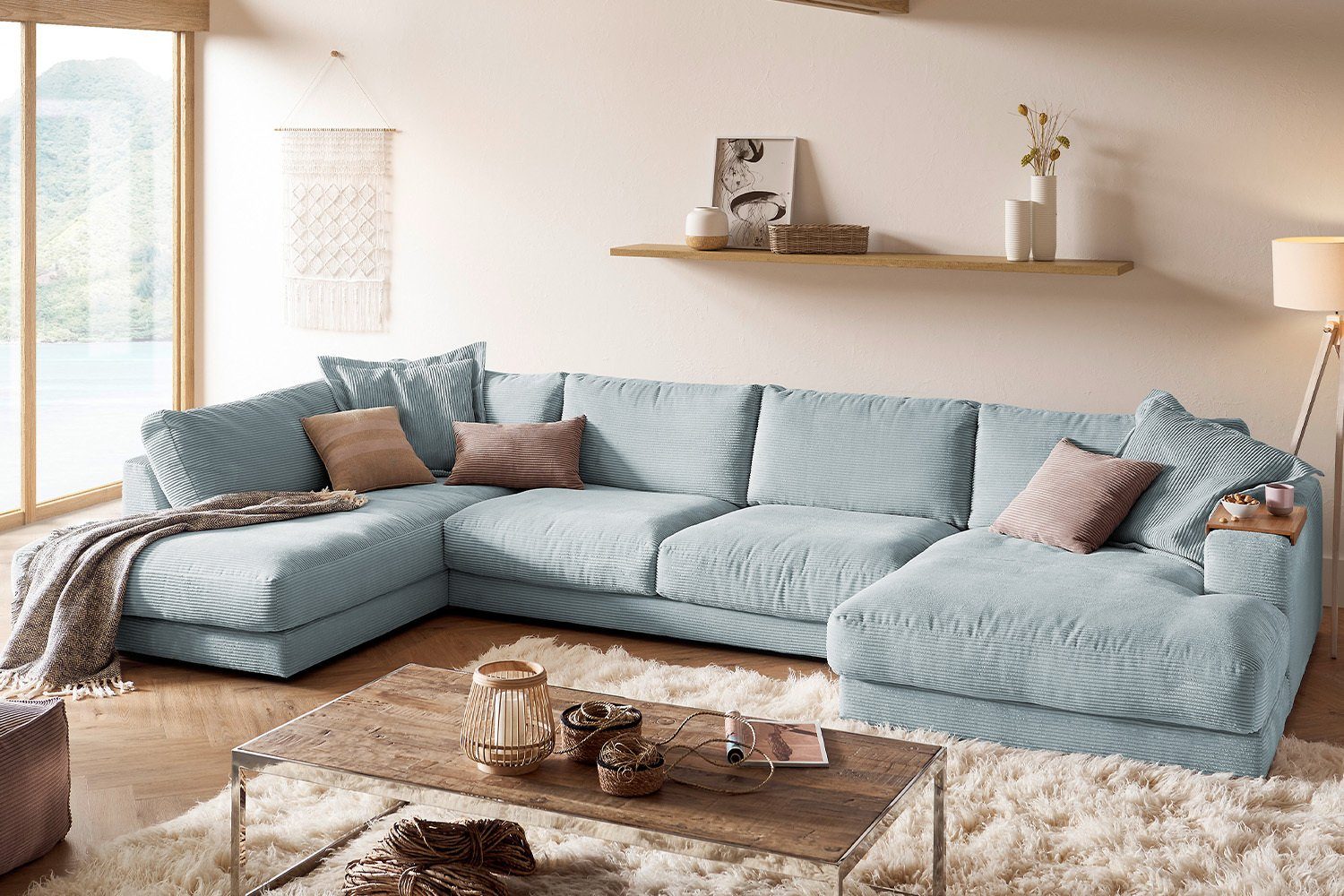 KAWOLA Wohnlandschaft MADELINE, Farben Sofa versch. rechts links, Cord, od. Longchair hellblau U-Form