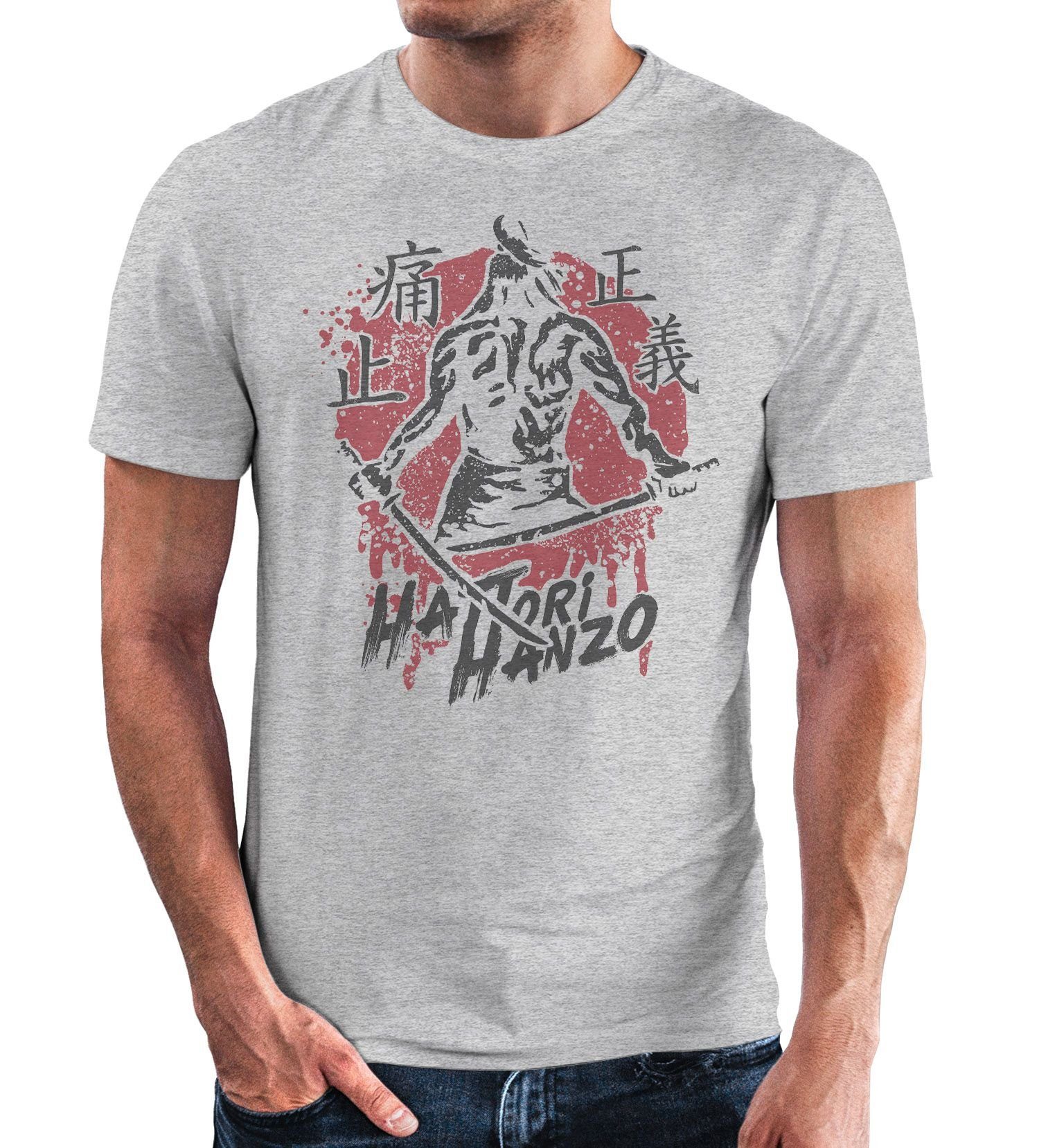 Neverless Print-Shirt Neverless® Herren T-Shirt Samurai japanische Schriftzeichen Schriftzug Hattori Hanzo Fashion Streetstyle mit Print grau