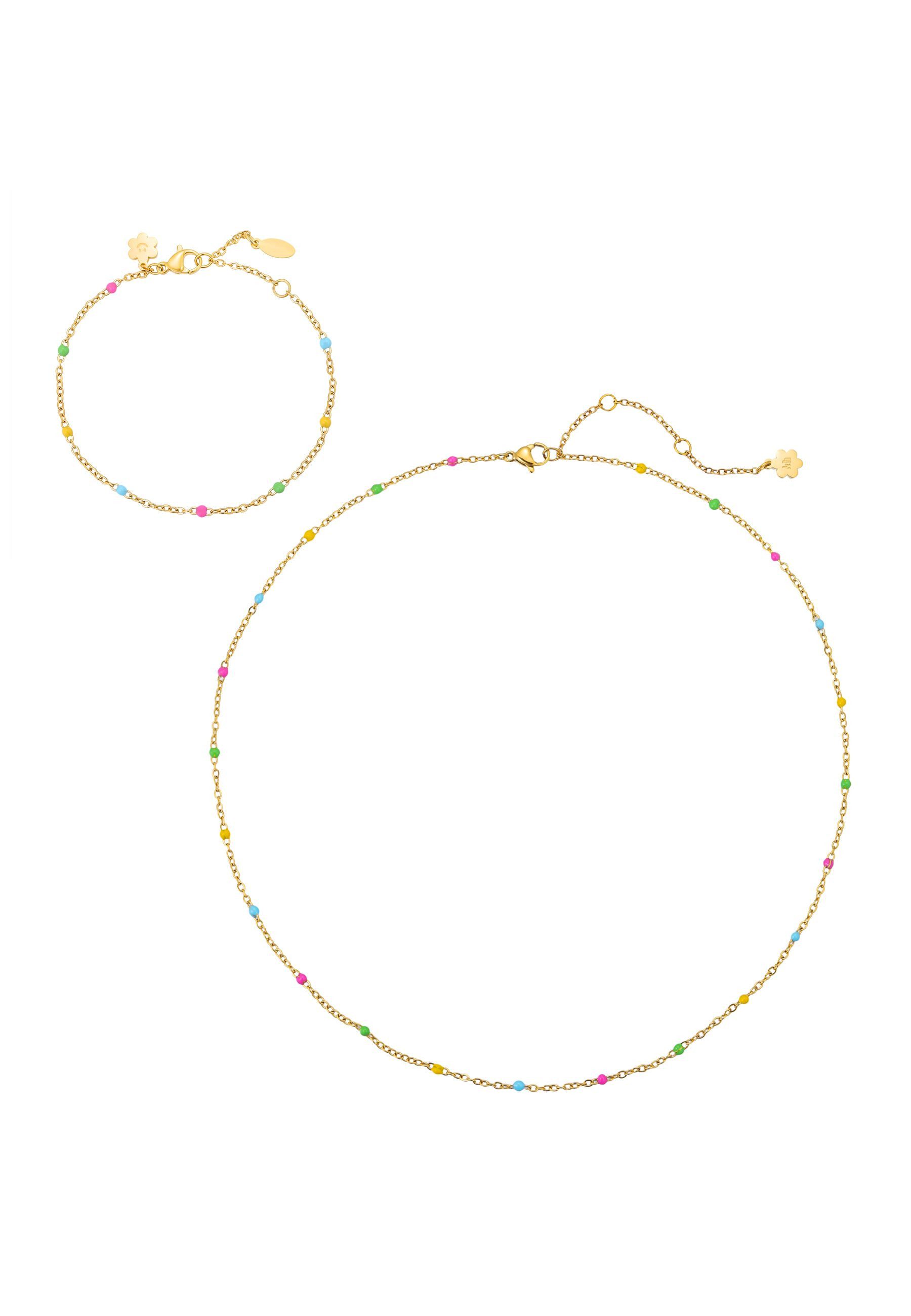 Hey Happiness Schmuckset Sommerfarben Filigranes Schmuckset, Kette & Armband Damen Edelstahl wasserfest mit bunten Perlen