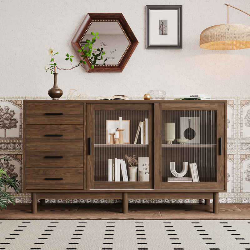 IDEASY Sideboard Sideboard, Eckschrank, Vitrine, vertikal gestreifte Glastür, (4 Schubladen, 2 Glastüren, 140*40*75,8 cm, verstellbare Einlegeböden), Schiebetür, einfach zu montieren