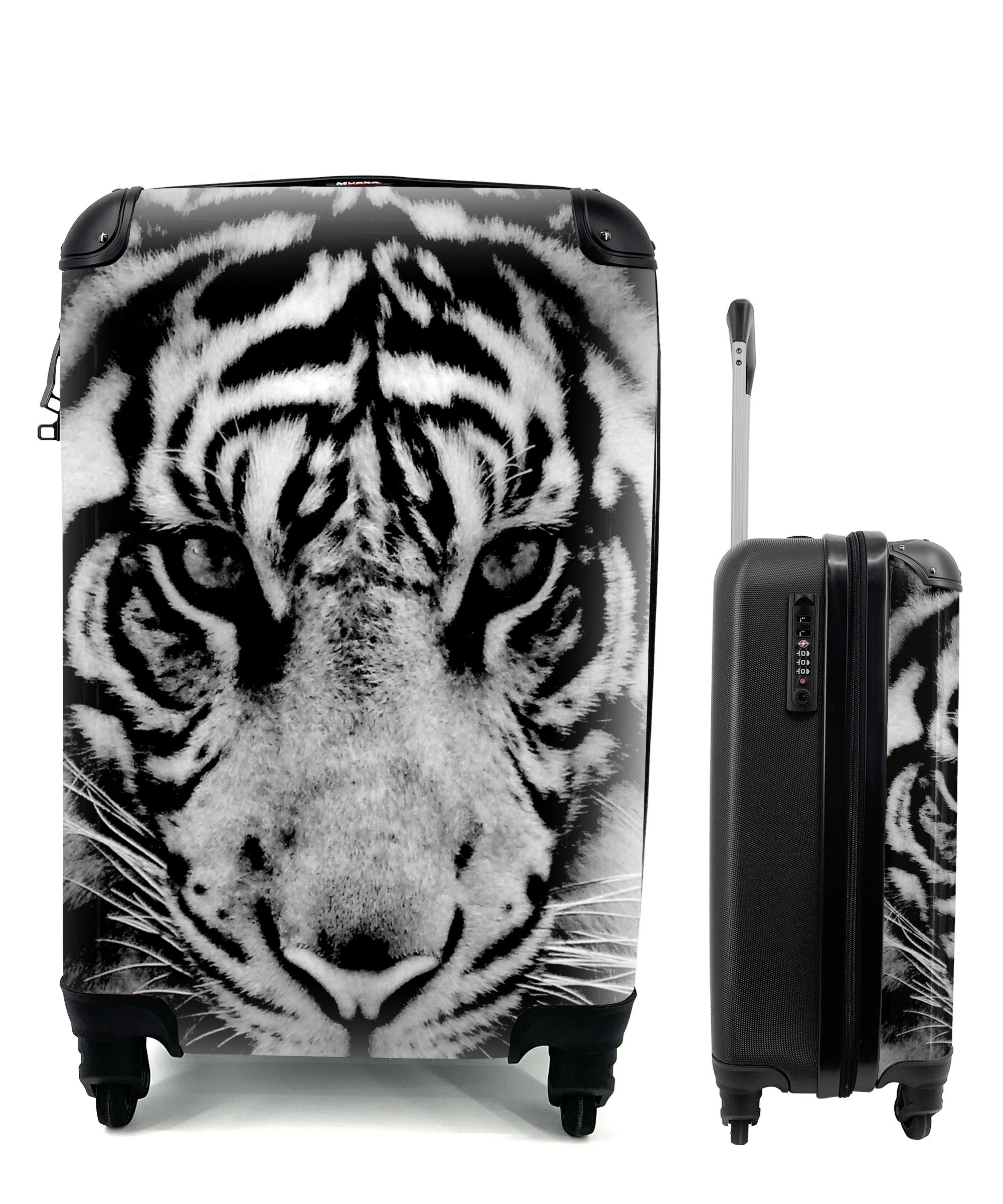 MuchoWow Handgepäckkoffer Sumatra-Tiger vor schwarzem Hintergrund in schwarz und weiß, 4 Rollen, Reisetasche mit rollen, Handgepäck für Ferien, Trolley, Reisekoffer