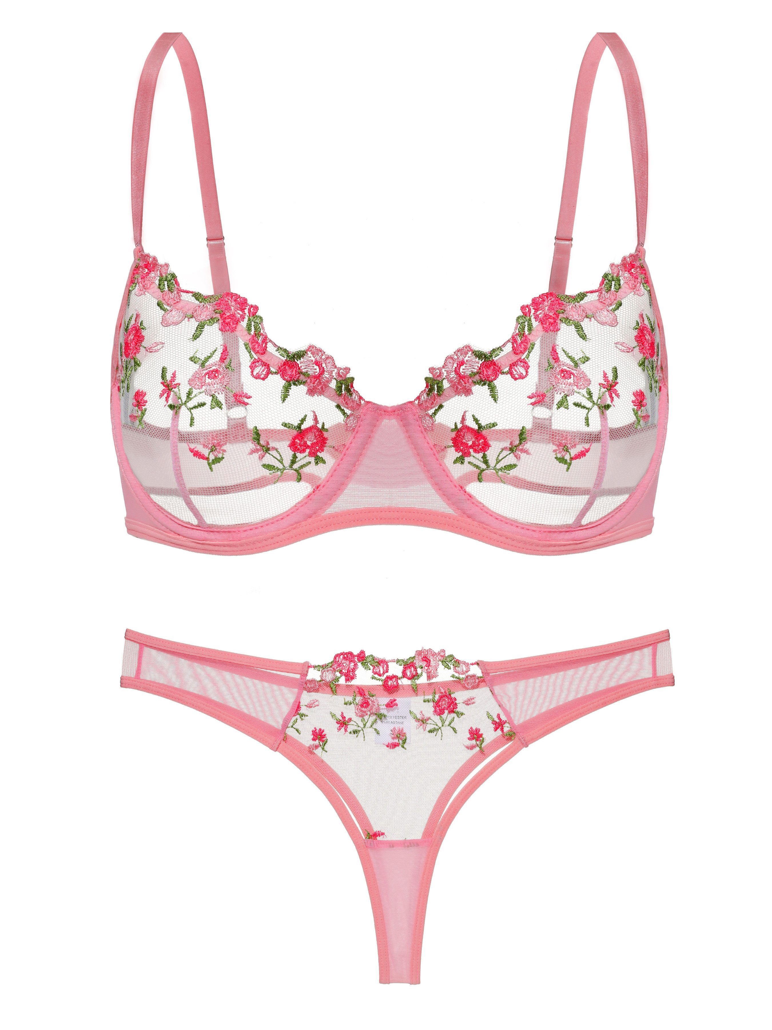 Elegant Love Set: Push-up-BH Bestickter BH & Tüll-Tanga, Transparentes Mesh-Dessous (Set, 2-tlg., mit String, Panty) elegantes Lingerie Sexy Set, Unterwäsche für Frauen