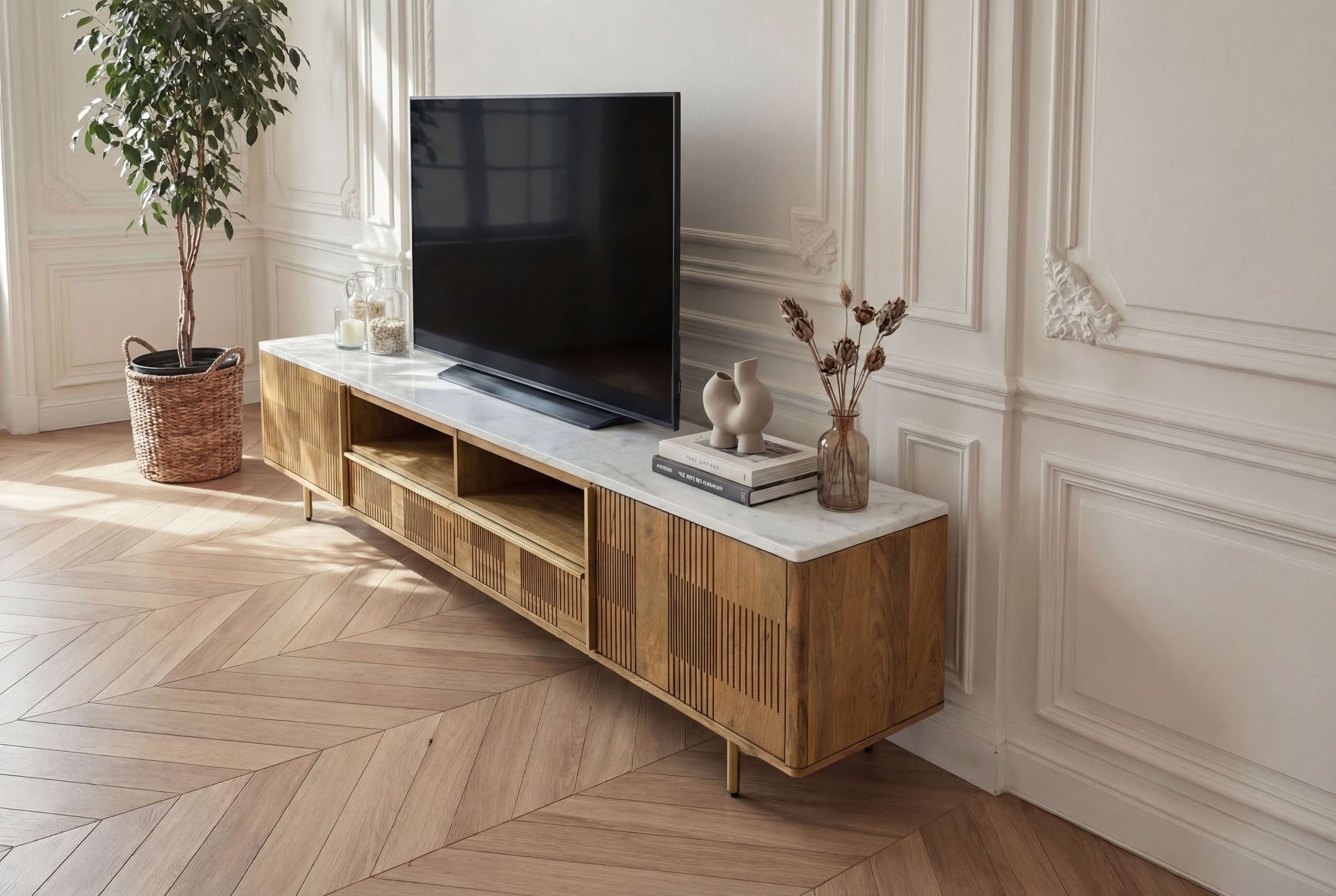 Massivmoebel24 TV-Board MIAMI (Massivholz), Mango 220x40x50 hellbraun geölt / Marmor weiß MIAMI #106