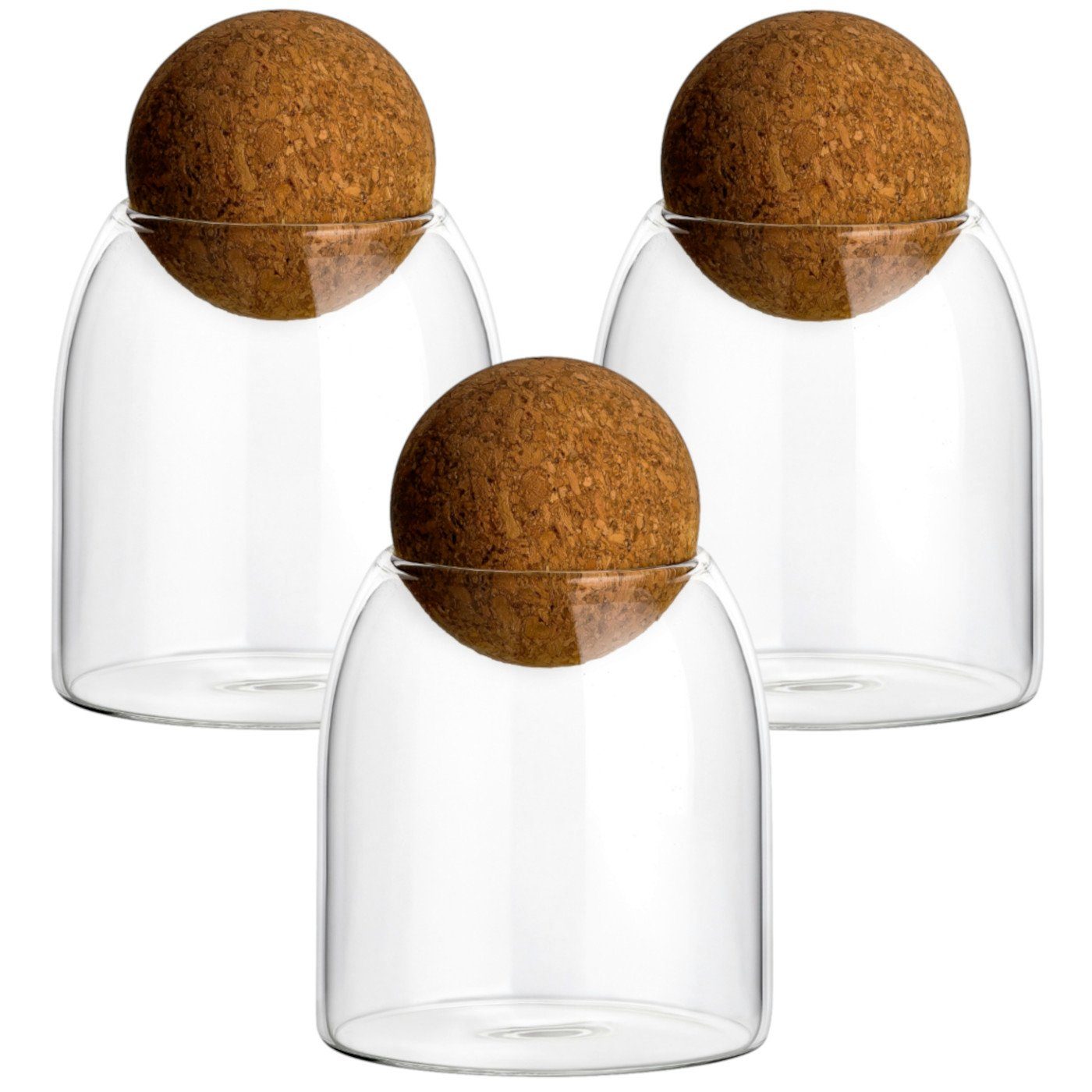gouveo Vorratsglas 3er Set Borosilikatglas mit Kugel-Korken rund - Vorratsdosen, 400 ml, Glasbehälter zur Aufbewahrung von Lebensmitteln oder Deko