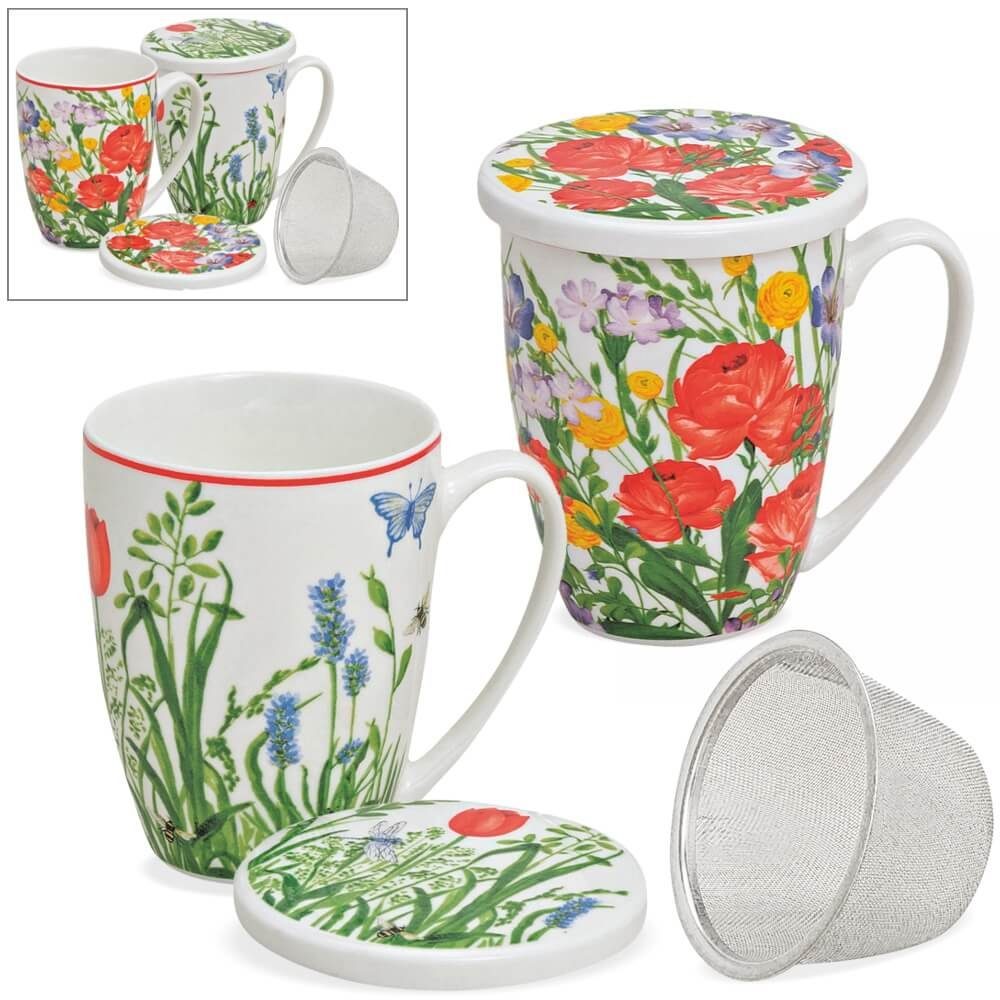 Tasse Teetassen 2er Set mit Deckel und Teesieb Blumen Mohn
