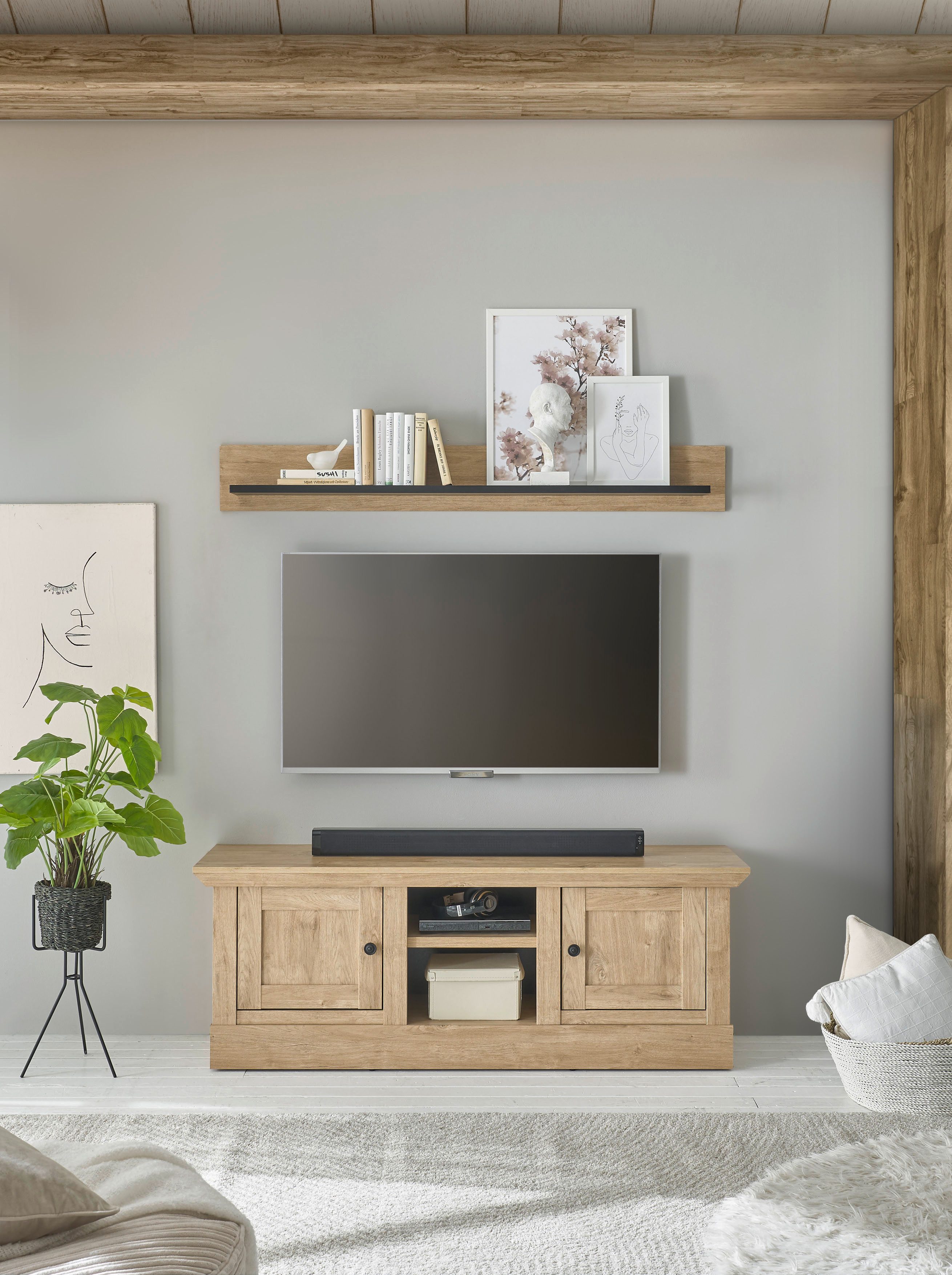 Home affaire Wohnwand Cornwall, Anbauwand im Landhausstil, Wohnzimmer-Set, Eiche Dekor, (Set, 2-St), enthält Lowboard, Wandboard, Eiche Dekor, 152 cm breit