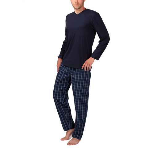 Moonline Pyjama Herren Schlafanzug mit Webhose aus 100% Baumwolle