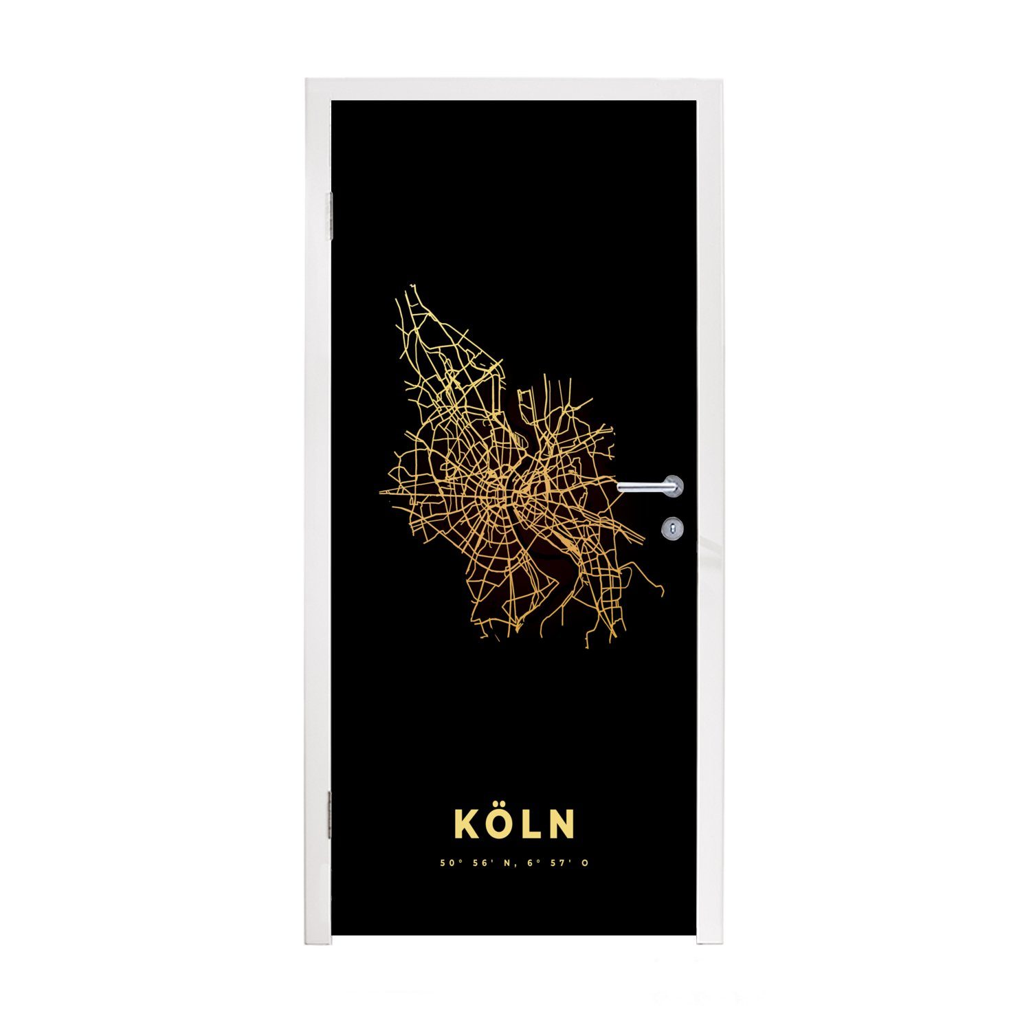 MuchoWow Türtapete Karte - Köln - Gold - Stadtplan - Karte, Matt, bedruckt, (1 St), Fototapete für Tür, Türaufkleber, 75x205 cm