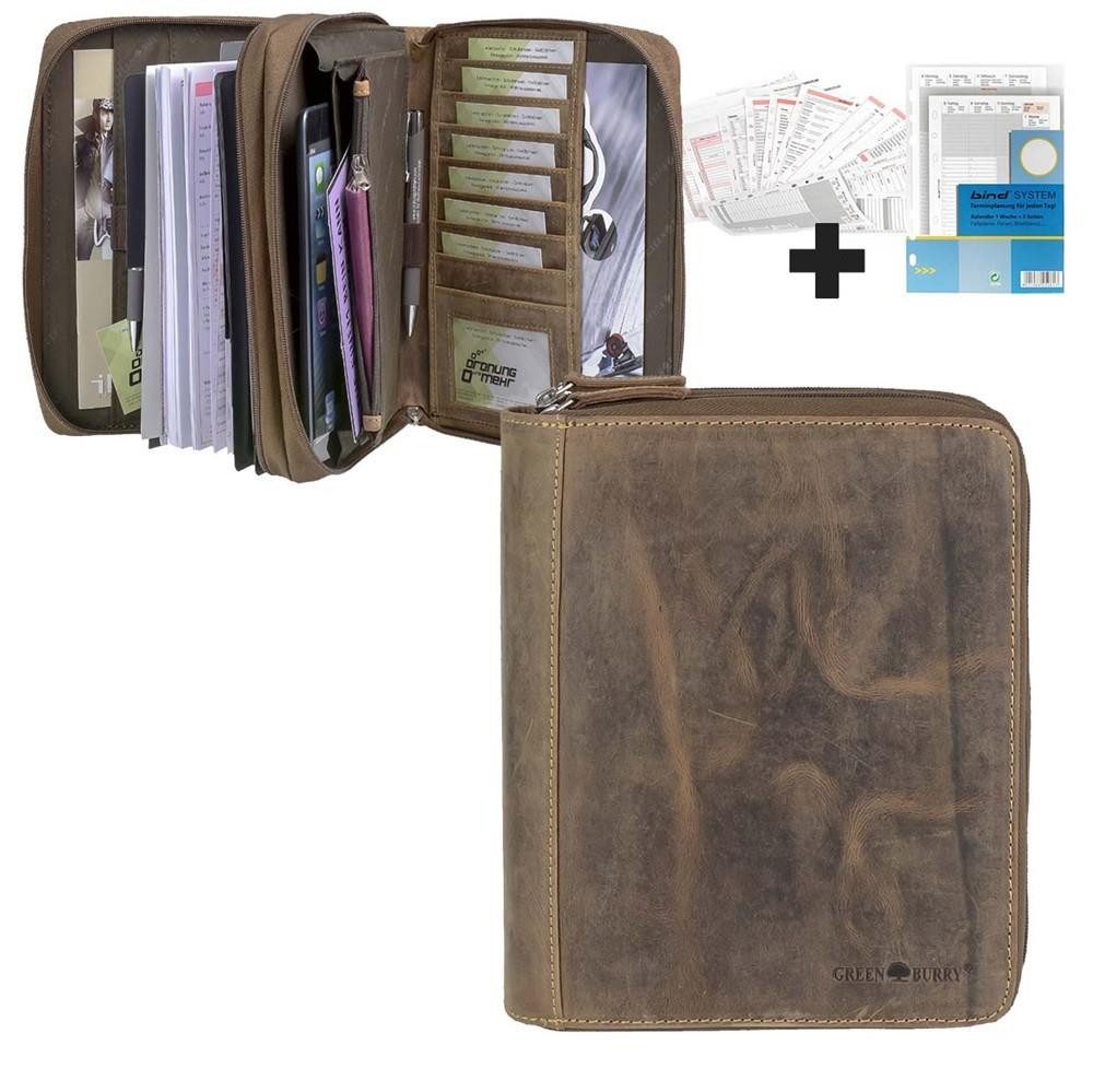 Greenburry Terminplaner "Vintage" Leder Terminkalender A5 (20x24cm) antik braun mit Reißversch, 2 Fächer, Systemeinlage und Kalender 2025