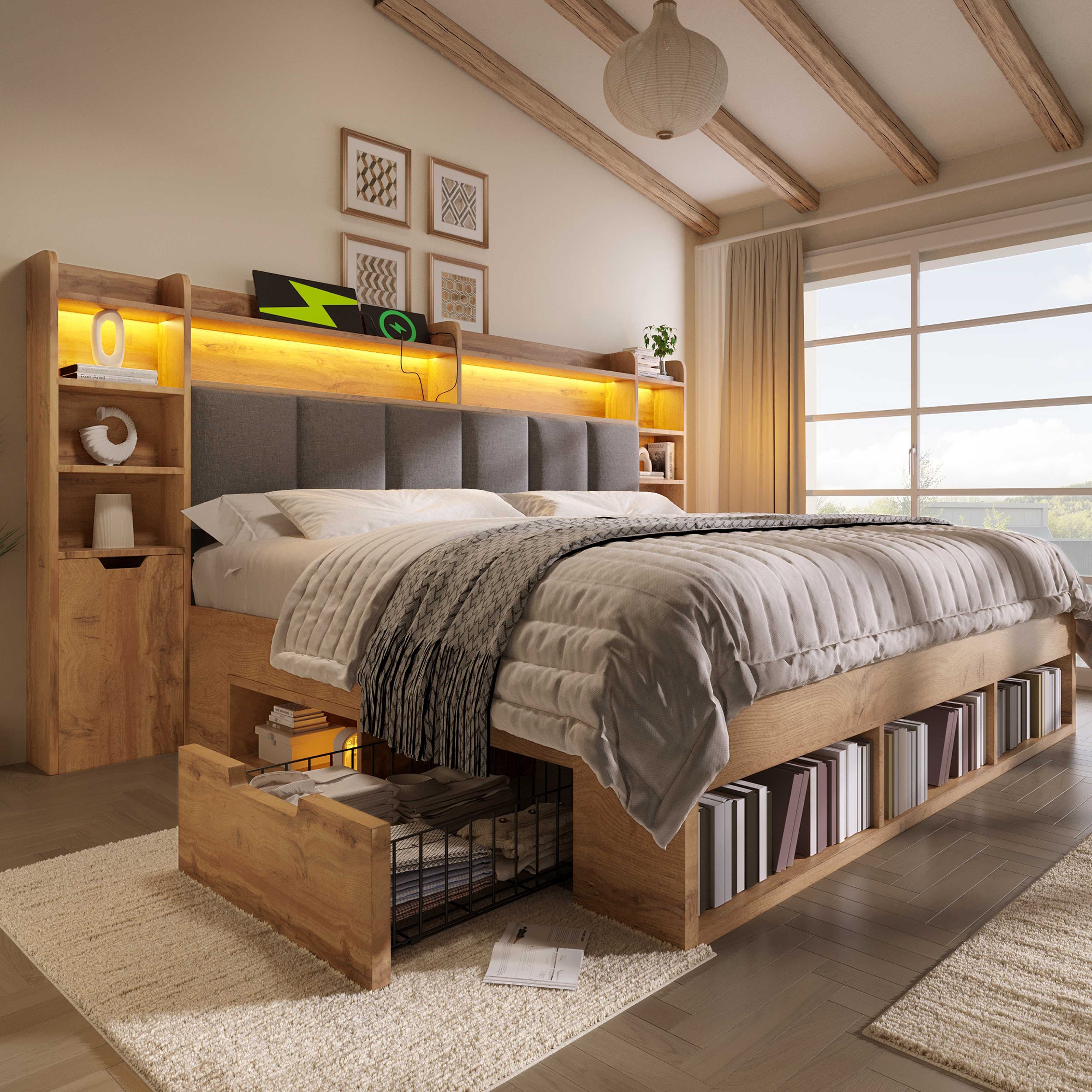 BlingBin Holzbett Systembett in Eicheoptik mit LED-Polsterkopfteil (1-tlg., Struraumbett mit USB/USB‑C Ladefunktion, 2 rollbare Nachttische), Holzlattenrost – 180x200, Stauraum & Rollschubladen(ohne Matratze)