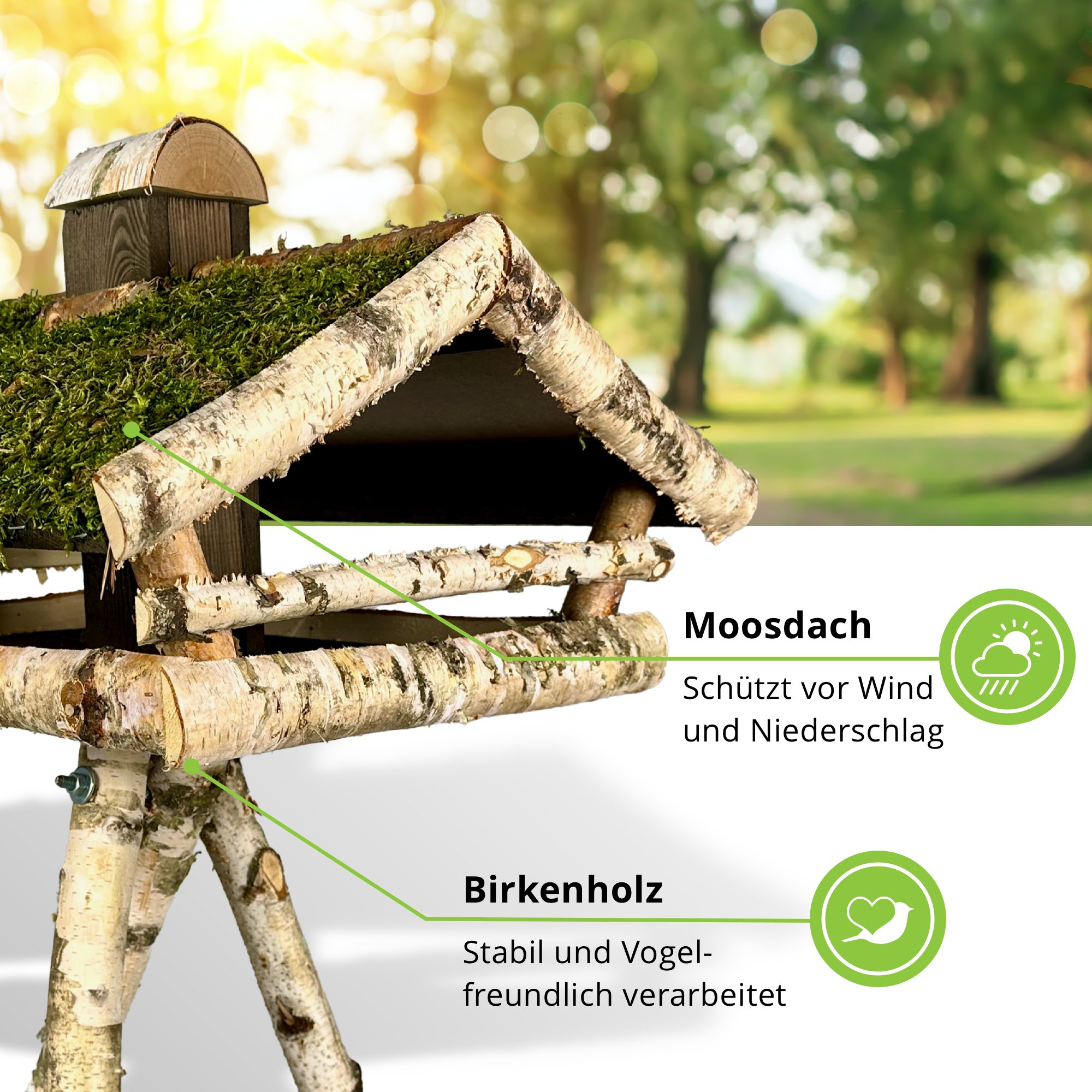 gartenetage Vogelhaus Birkenfutterstelle mit Moosdach inkl. Ständer, liebevolle Handarbeit, Wetterfest