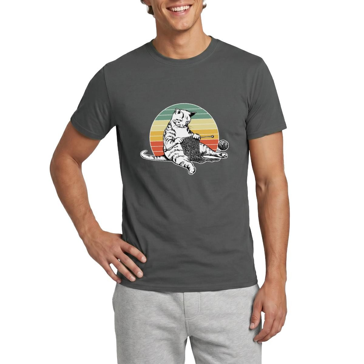T-Shirt Strickende Katze, Retro Katze Mit Wolle Männer T-Shirt