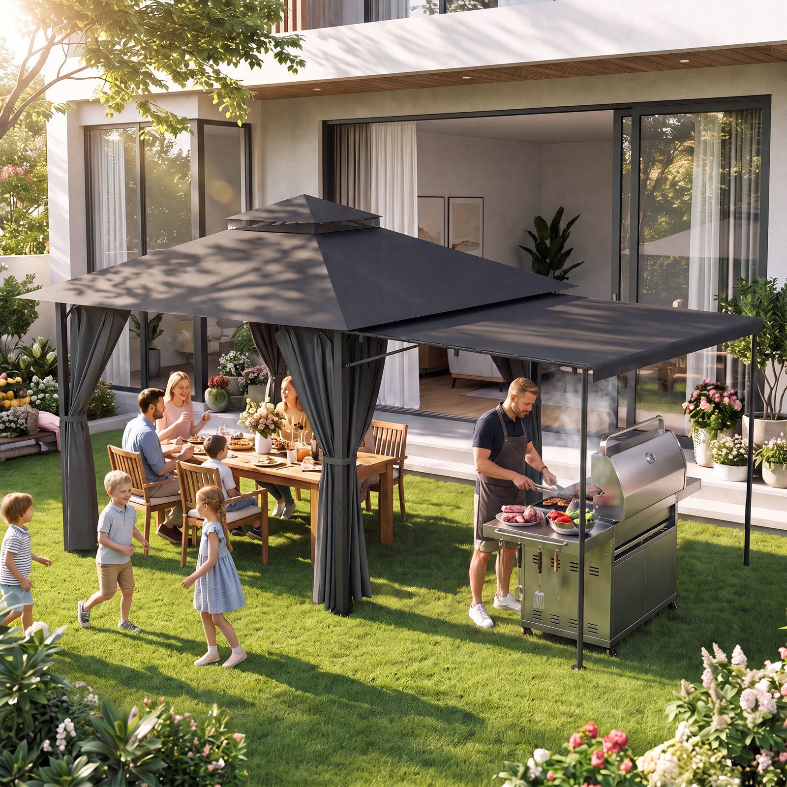 GUNJI Pavillon Doppellagiges Grillpavillon mit 1,8m Ausziehbarer Seitenmarkise, flexibel verstellbare Schattenflächen für Garten Terrasse Grillabend
