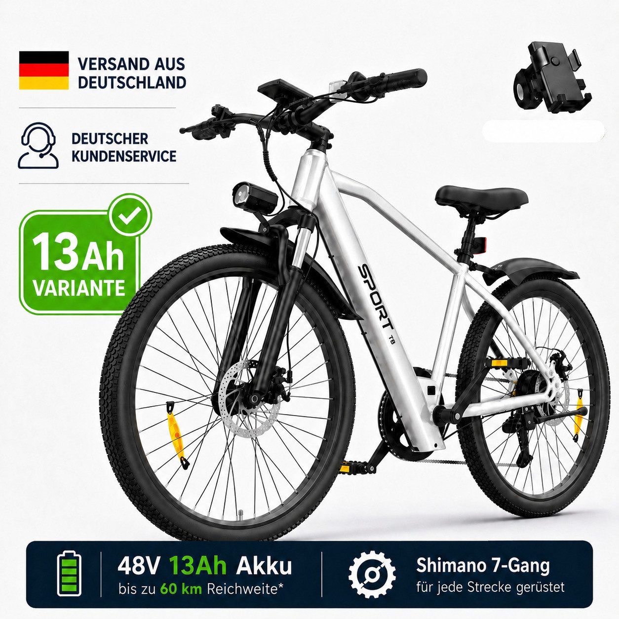 PixelPilot E-Bike Cityrad 26'' Elektrofahrrad 48V 13/8Ah Akku, Shimano 7-Gang, Abnehmbarer Korb, 7 Gang, Nabenmotor, 624 Wh, (Packung)