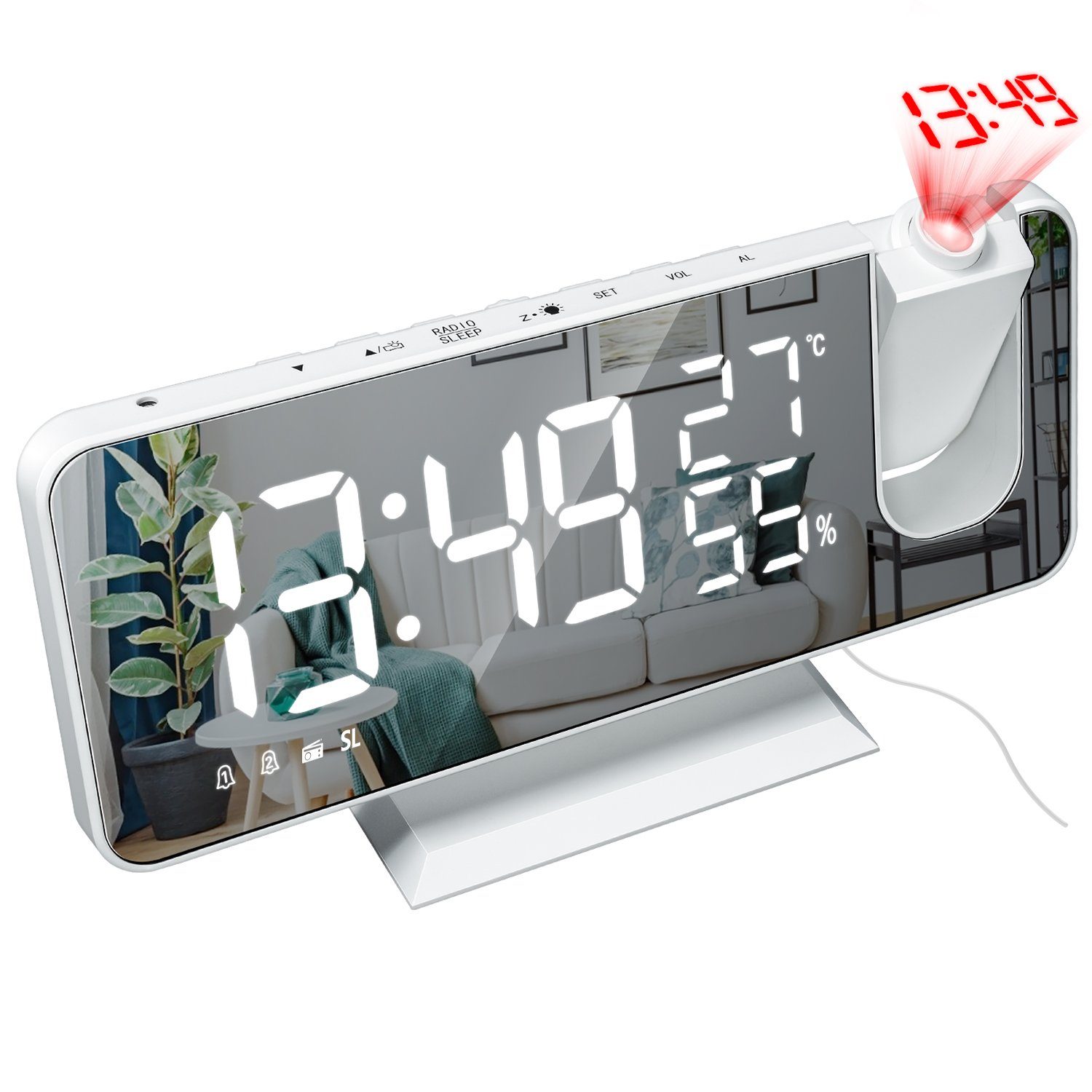 REDOM Проекционный будильник Digital Будильники Радиочасы Digitalwecker Projektion LED Alarm Radio ohne Akku Projektion 180 ° Dual-Alarm Temperatur 12/24H USB-Anschluss