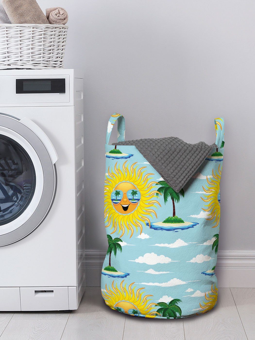 für Wäschesäckchen Waschsalons, Sommer Palmen Kordelzugverschluss Urlaub Sonne Wäschekorb mit Abakuhaus und Griffen