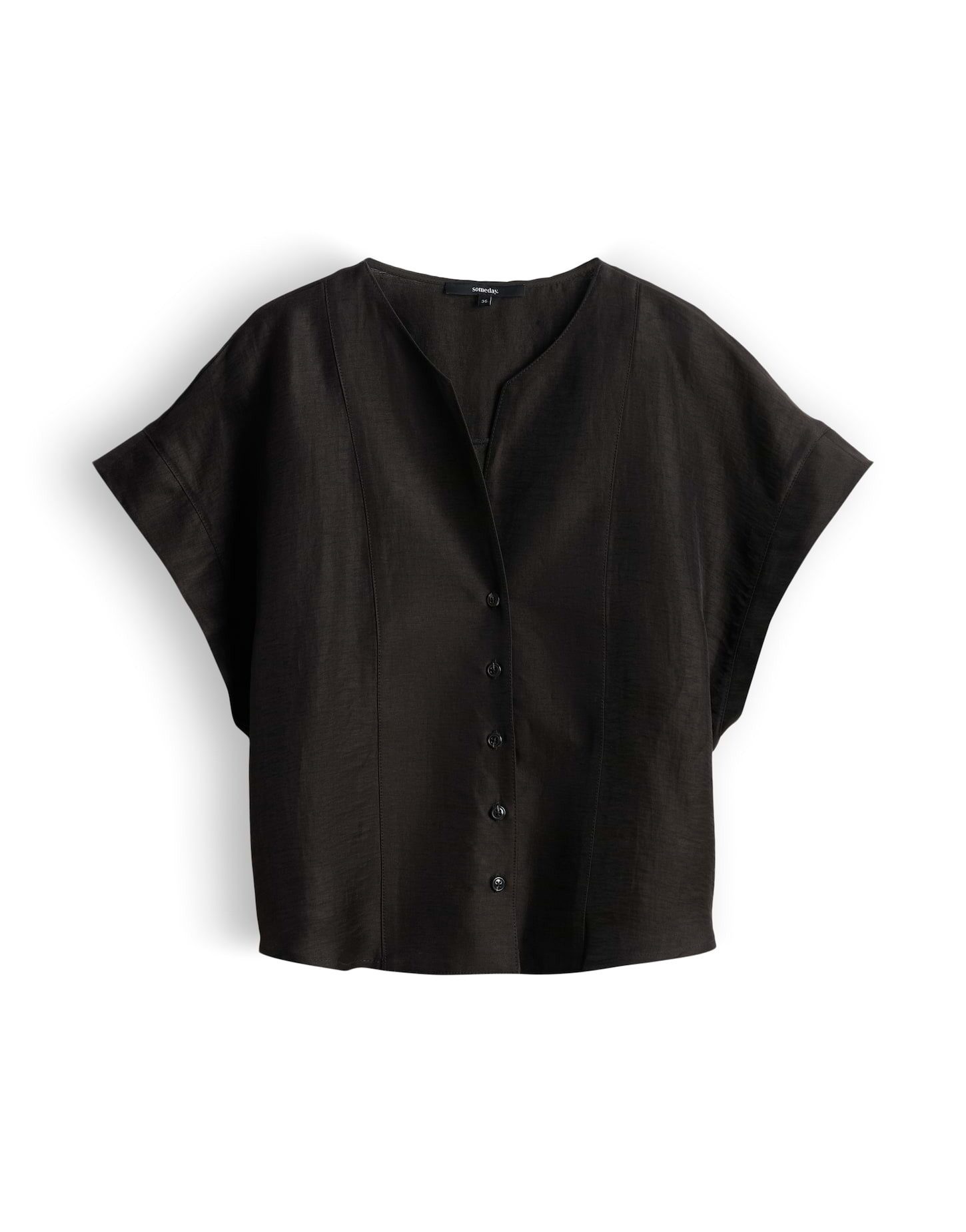 someday Kurzarmbluse Kragenlose Bluse aus Leinen Mix Loose Fit Kellerfalte und Knopfleiste für Alltag