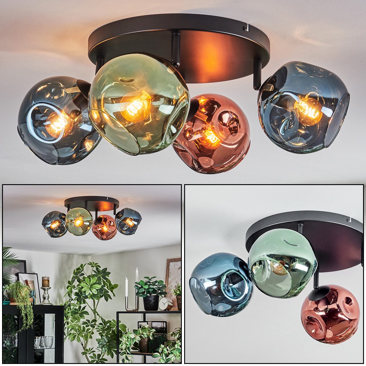 hofstein Deckenleuchte Deckenlampe aus Metall/Glas in Schwarz/Blau/Grün/Kupferfarben, ohne Leuchtmittel, verstellbare Deckenleuchte im Vintage-Design (Schirme Ø 15cm), 4 x E14