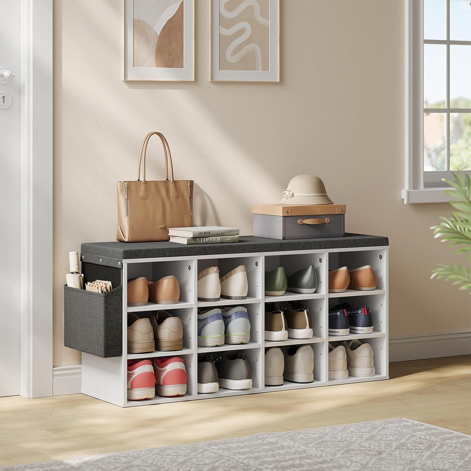 Woltu Schuhbank, mit Sitzbank 12 Fächern, Schuhregal für Flur, 102x30x48,5 cm