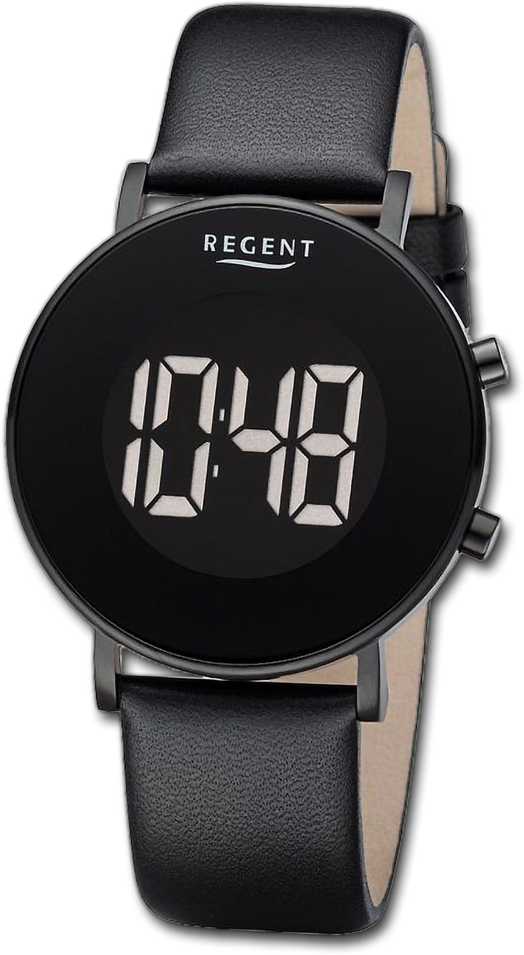 Regent Quarzuhr Regent Herren Armbanduhr Digital, Herrenuhr Lederarmband schwarz, rundes Gehäuse, extra groß (ca. 40mm)