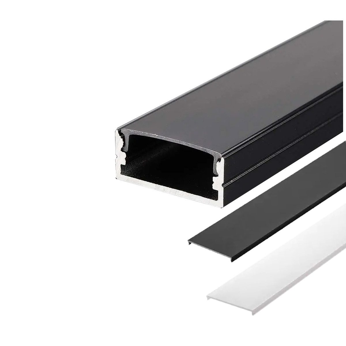 ENERGMiX LED-Stripe-Profil 2m Schwarze LED Aluprofil Alu Schiene Kanalsystem, Kanal Profil für LED-Streifen mit 2 Abdeckungen Schwarz und weiß