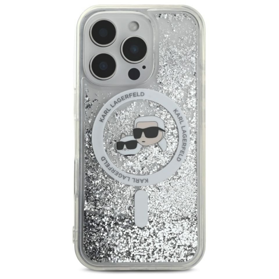 KARL LAGERFELD Handyhülle iPhone 16 Pro Max Glitter silber MagSafe Logo 6,9 Zoll, Kantenschutz