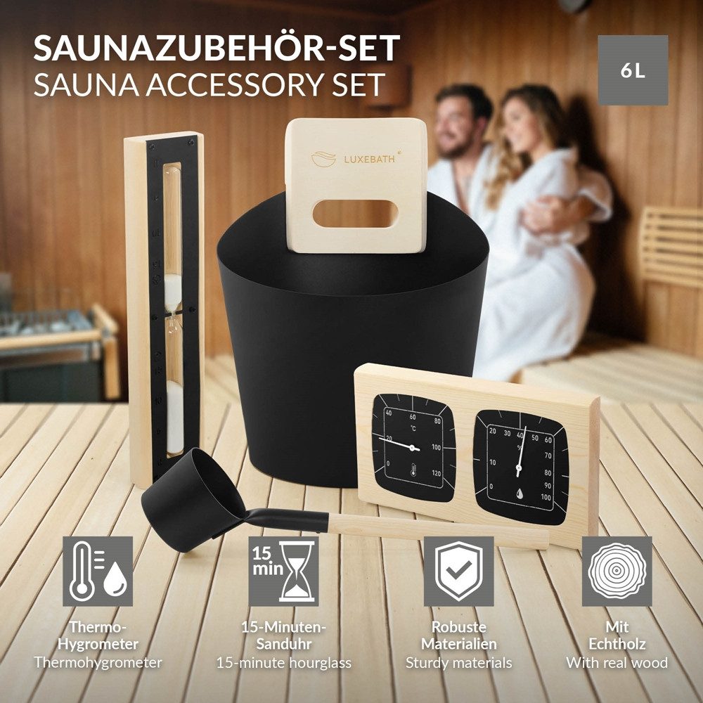 LuxeBath Sauna-Aufgussset 4-teilig Saunazubehör-Set aus Aluminium & Naturholz, Sauna Set Zubehör Inkl. 6L Aufgusskübel, Kelle, Thermometer-Hygrometer, 15min. Sanduhr