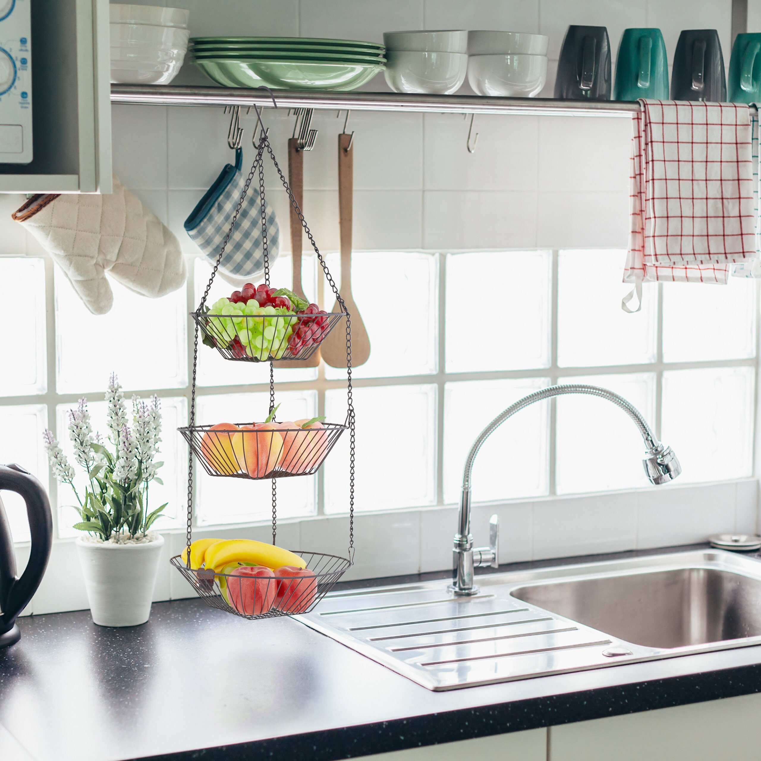 relaxdays Obstschale Hängender Obstkorb in Schwarz, Stahl