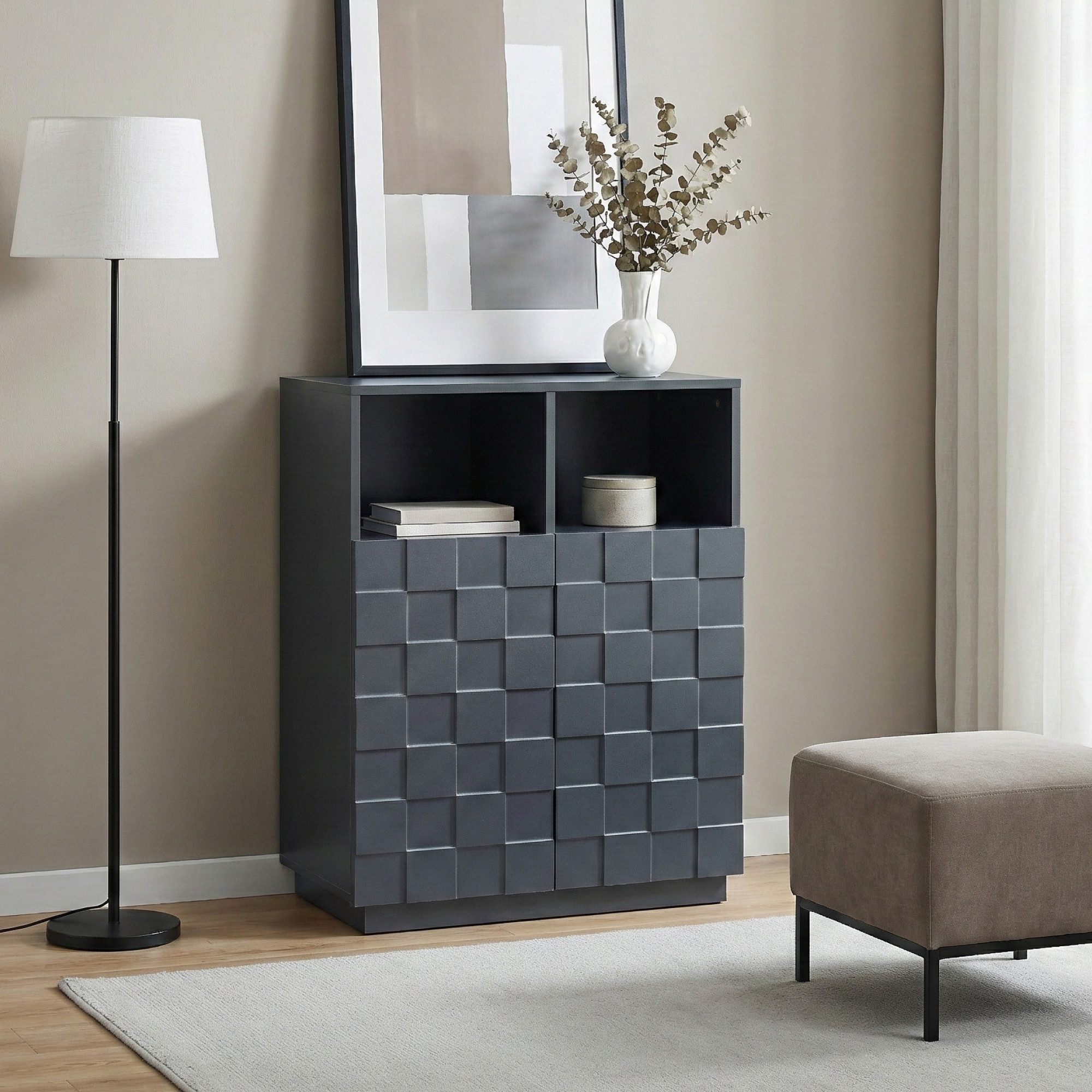 en.casa Hochkommode, »Bopibobro« mit 2 Türen 3D-Front 86 x 64 x 36 cm Dunkelgrau