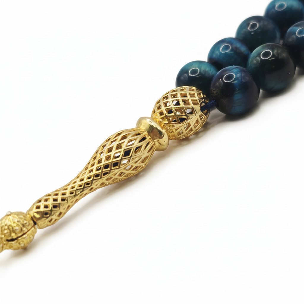 M-Punkt24 Kettenanhänger Tesbih Tespih Echte Steine Gebetskette Misbaha Rosary (Mavi Kaplangözü Blue Tigereye, Vizyon Püskül, 585 Vergoldet, Echt-Silber), Echte Steine