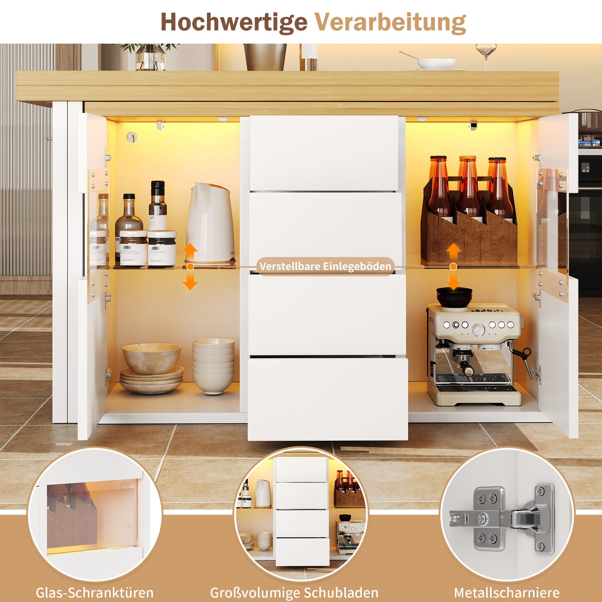 i@home Bartisch Ausziehbarer Kücheninsel-Esstisch (Packung Set), 360° drehbare mit App-gesteuerter RGB-LED