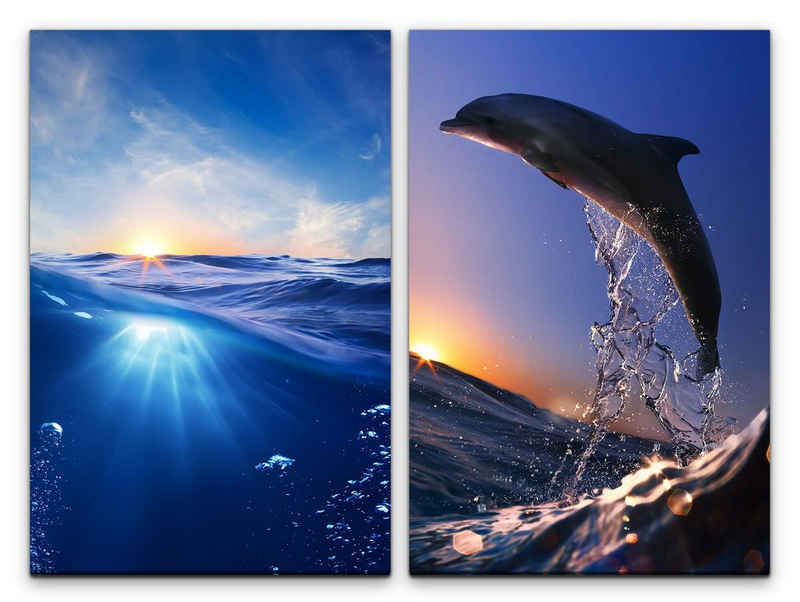 Sinus Art Leinwandbild 2 Bilder je 60x90cm Meer Wasser Delfin Paradies Unterwasser Süden Sonnenuntergang