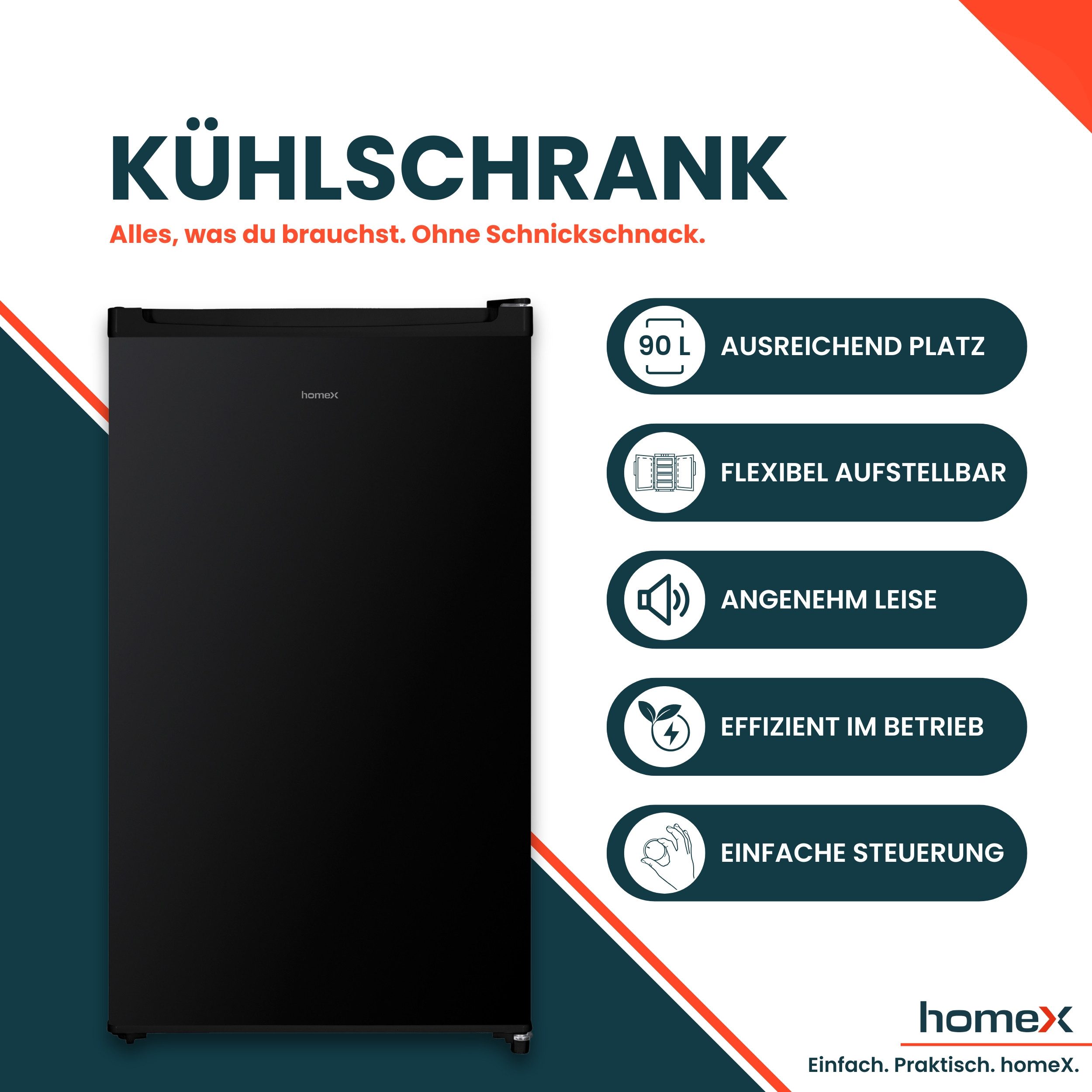 homeX Kühlschrank CS0881-B, 85 cm hoch, 47.5 cm breit, 90 Liter, Vollraumkühlschrank ohne Gefrierfach, klein, freistehend