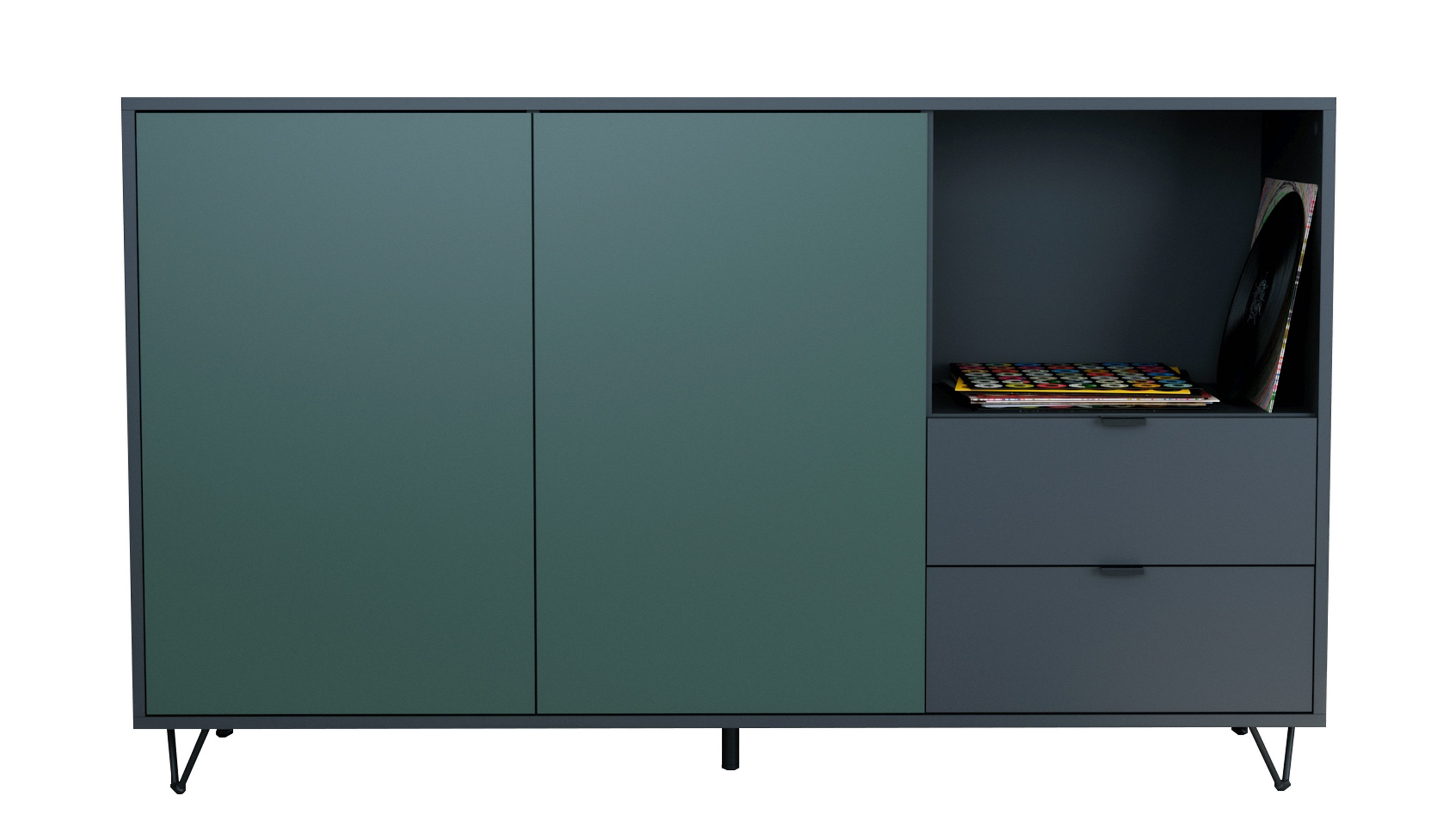 Vladon Sideboard Marino (Kommode mit 2 Türen Fjord Grün, 2 Schubladen Anthrazit matt, Made in Germany), Korpus Anthrazit matt (152,5 x 90,5 x 37 cm)