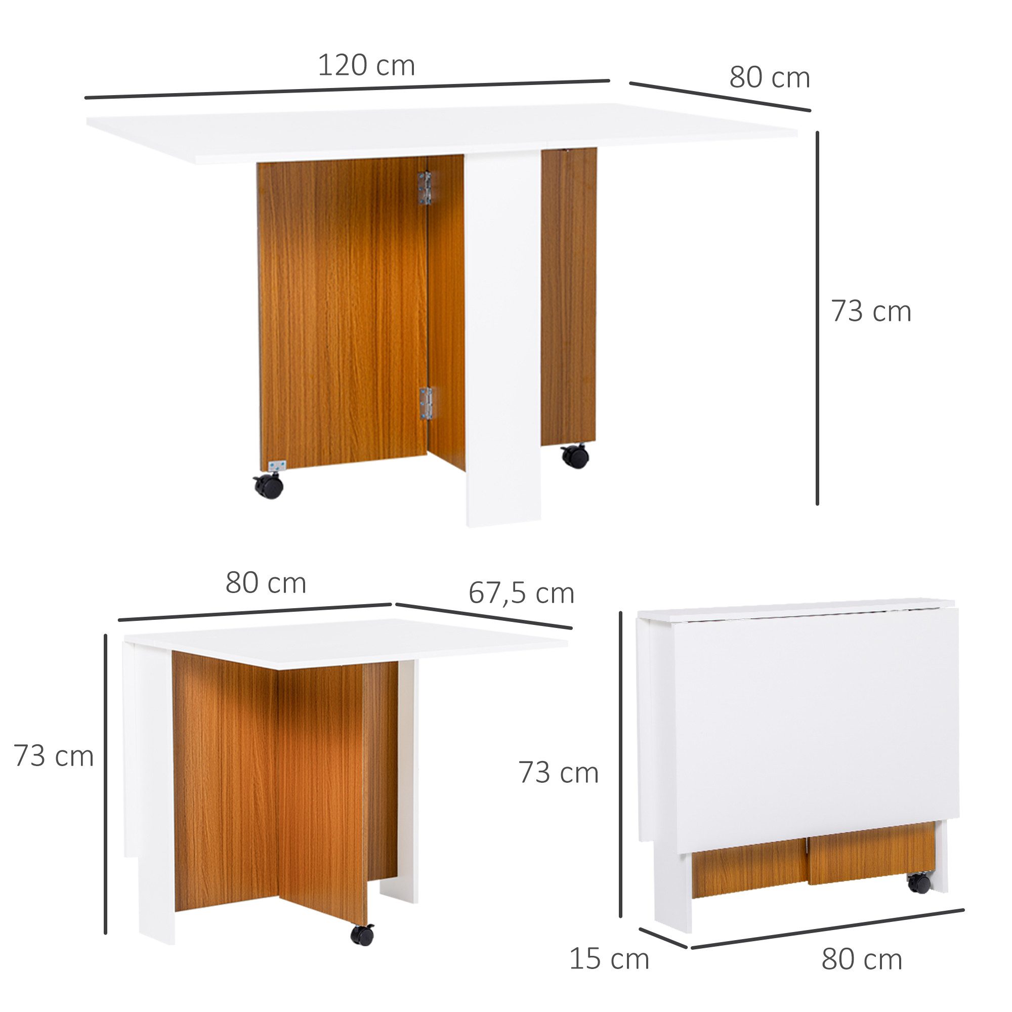 HOMCOM Klapptisch Esstisch Schreibtisch mit klappbarer Arbeitsplatte und Rollen (Küchentisch, 1-St., Esszimmertisch), für Küche Weiß – Bild 3 von 5