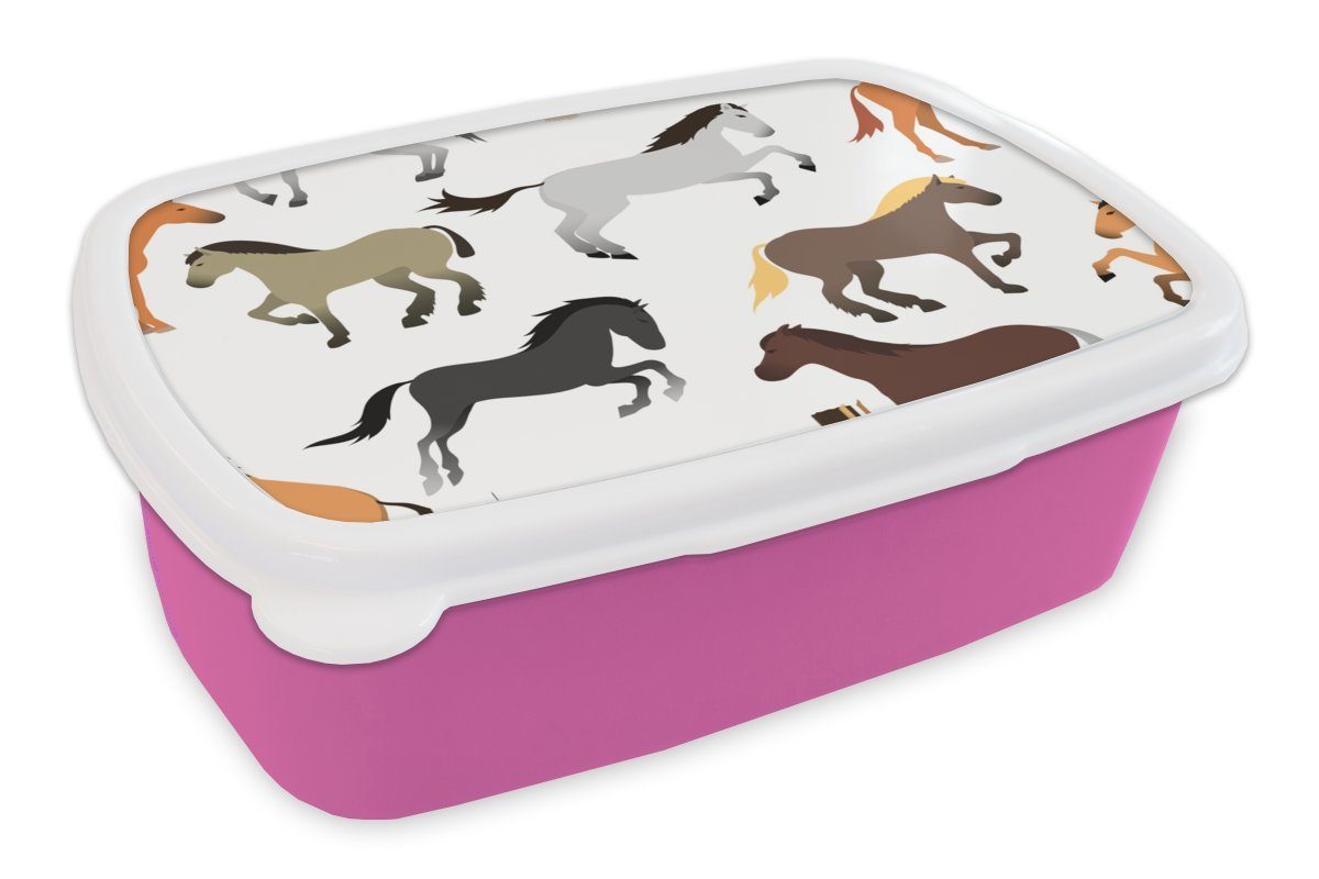 MuchoWow Lunchbox Pferde - Farben - Muster - Mädchen - Kinder - Mädchen, Kunststoff, (2-tlg), Brotbox für Erwachsene, Brotdose Kinder, Snackbox, Mädchen, Kunststoff rosa