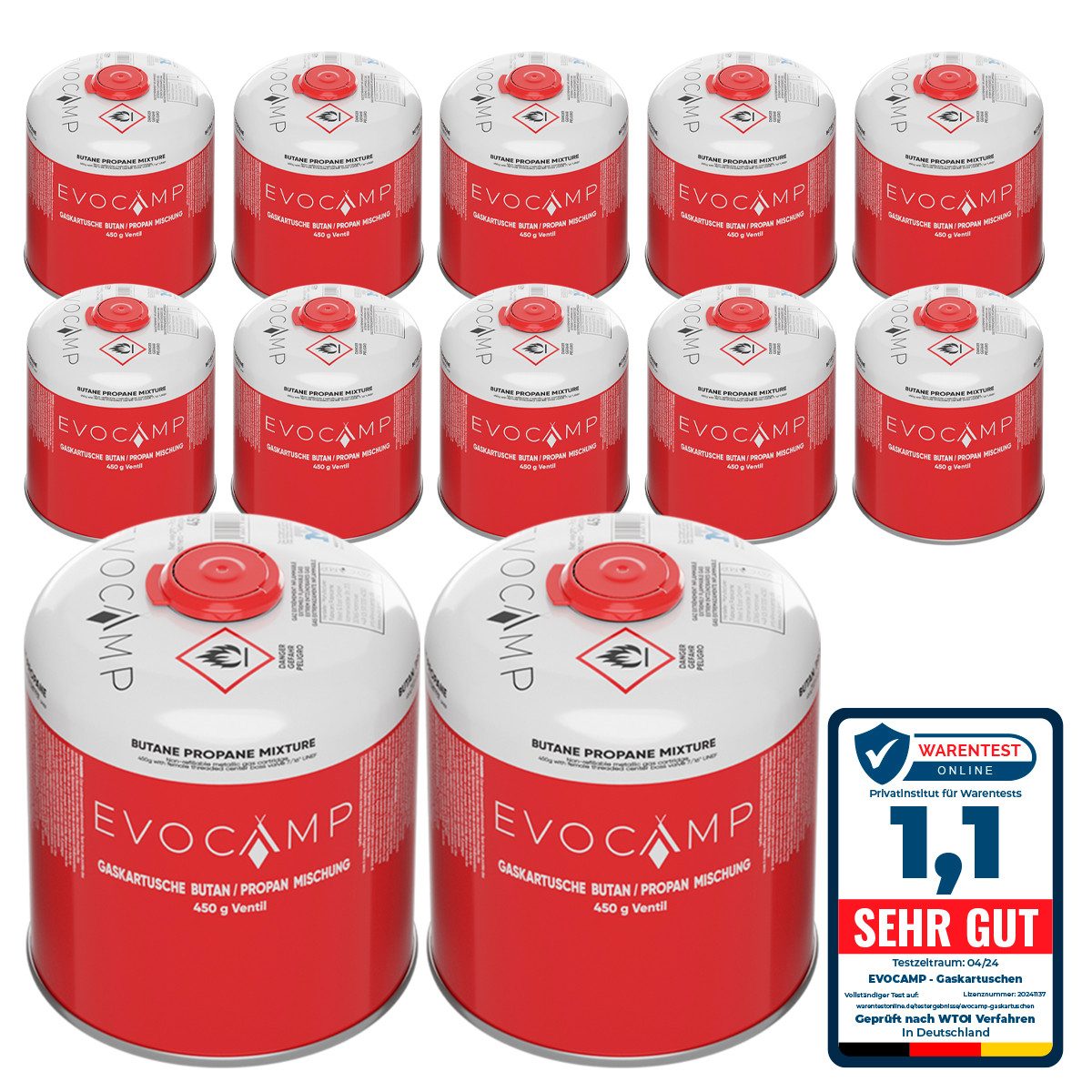 EVOCAMP Gaskartusche 12x Propan Butan 450g, Schraubkartusche Eurogewinde 7/16", Zubehör für Weber Grills Q100-1200-Serien, 12 St.