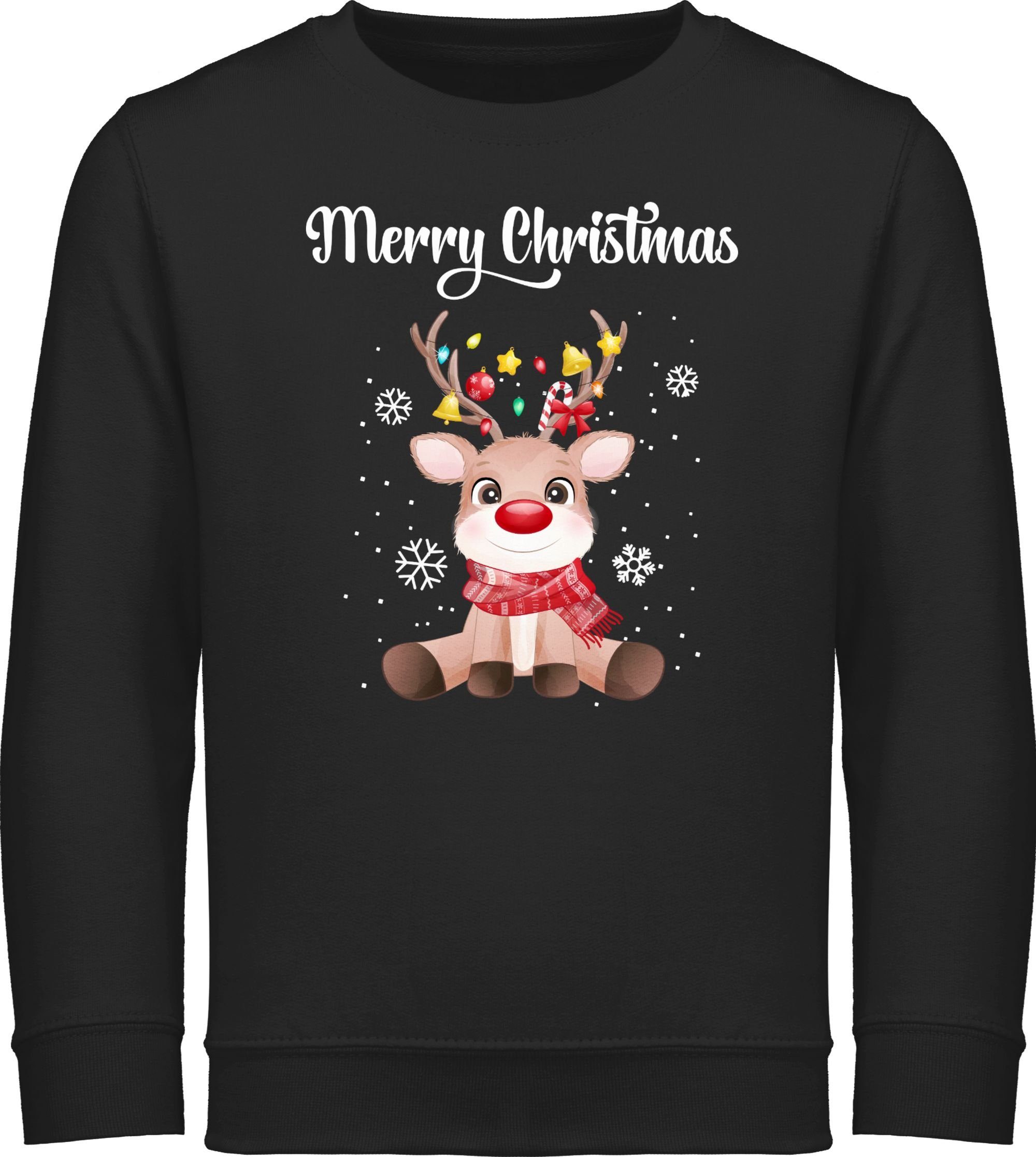 Shirtracer Sweatshirt Merry Christmas - süßes Rentier mit Lichterkette Weihnachten Kleidung Kinder 2 Schwarz