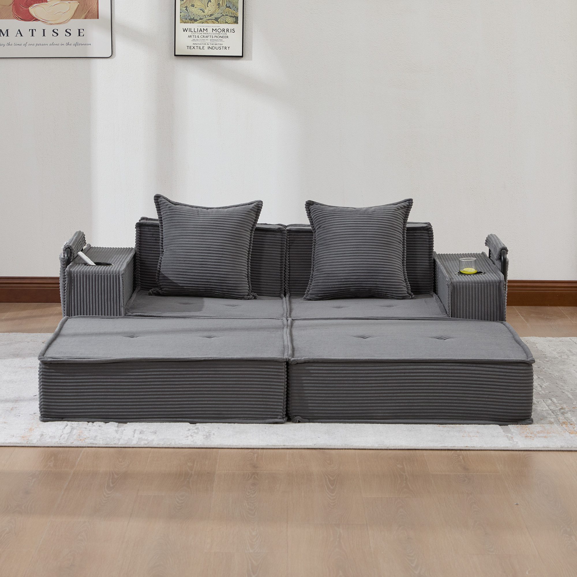 Schlafsofa 2-Sitzer Schlafsofa mit Hocker & Stauraum