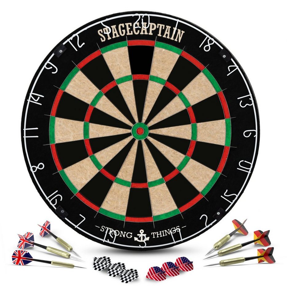 Stagecaptain Dartscheibe DBS-1715 BullsEye Pro, (Dartboard-Set, 18-tlg., inkl. 6 Dartpfeilen und 12 Flights), Steeldartscheibe aus Sisal mit dünnen Drähten