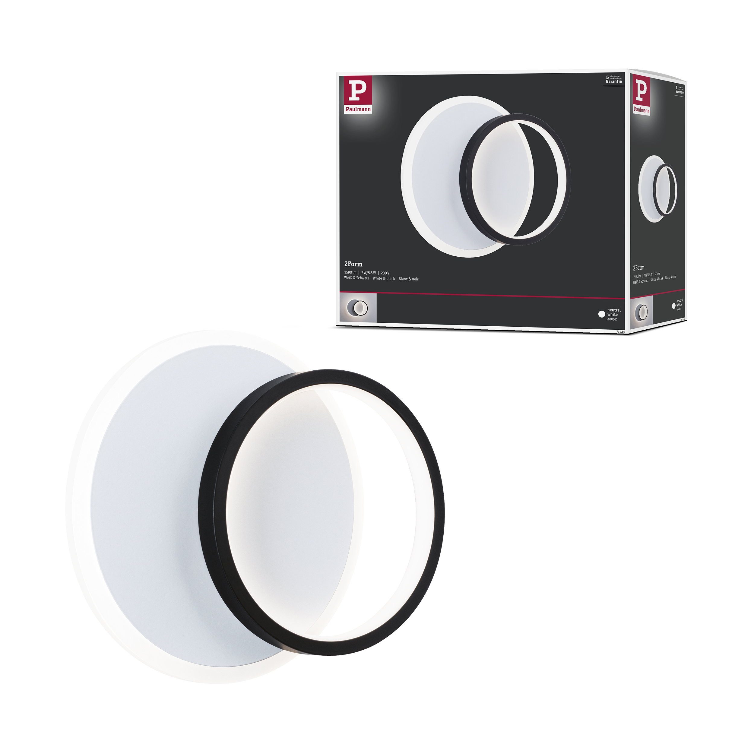 Paulmann LED Wandleuchte LED Wandleuchte 2Form 4000K 890lm 230V 7W / 5,5W Weiß, Schwarz