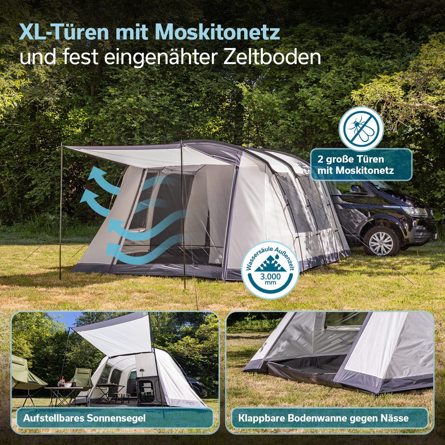 Skandika Tunnelzelt Busvorzelt Camper Tramp 2 Protect XL, Vorzelt 2-4 Personen, Personen: 2 (eingenähter Boden, Front- und Seitentür mit Moskitonetz versehen), 3000 mm Wassersäule, freistehend nutzbar, Maße (350 + 95)×320x205 cm
