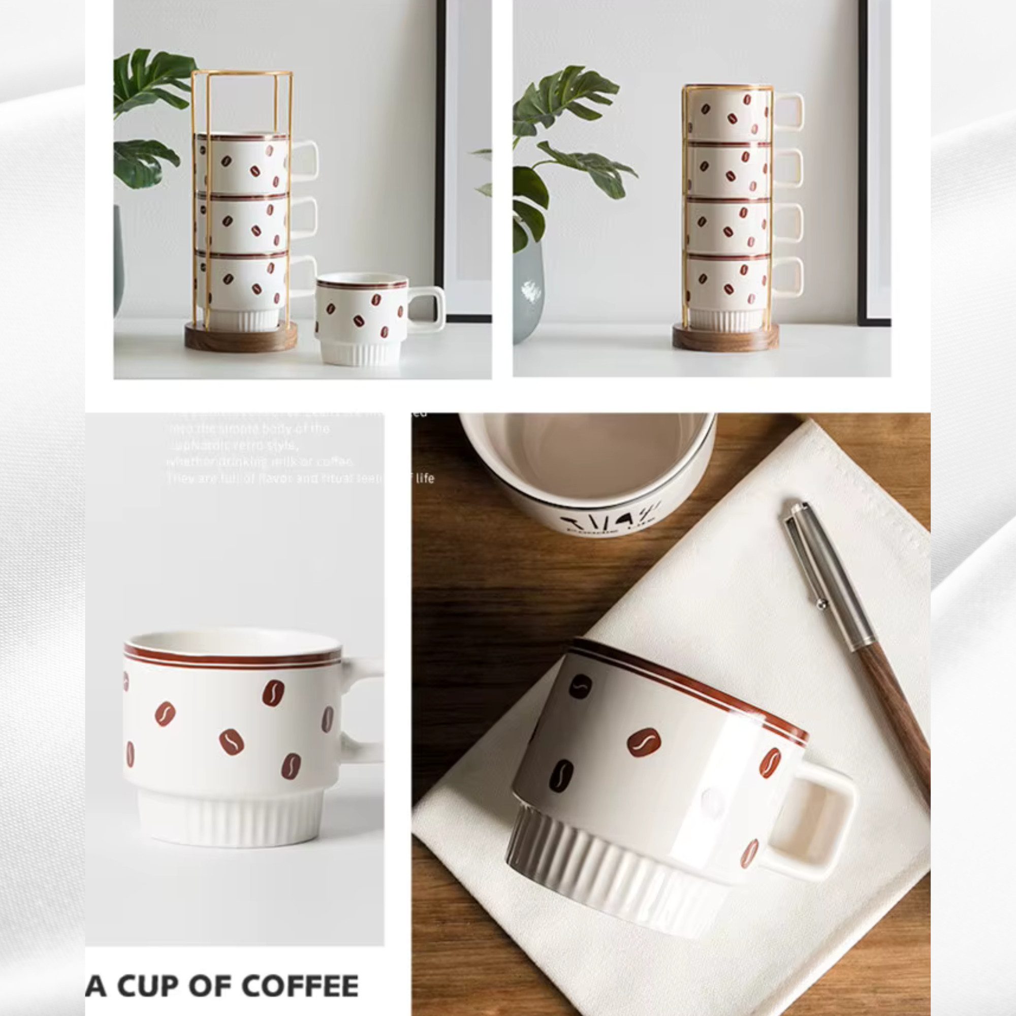 Quality Elegance Tasse Luxus-Stapelbares Keramik-Tassen-Set mit Ständer – 4er-Set, 4-tlg.