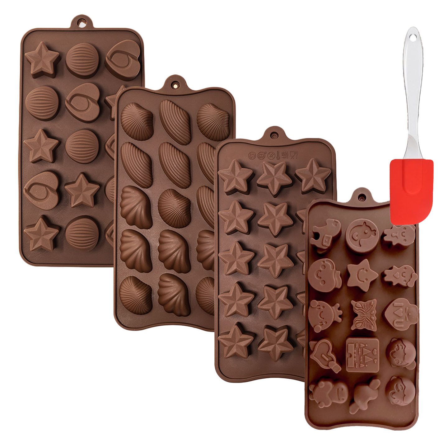 mixed24 Pralinenform 5er Silikon Backformen Pralinenformen inkl. Teigschaber, (Set 5-tlg), Eiswürfelformen Gummibärchen Schokoladenformen Silikonformen